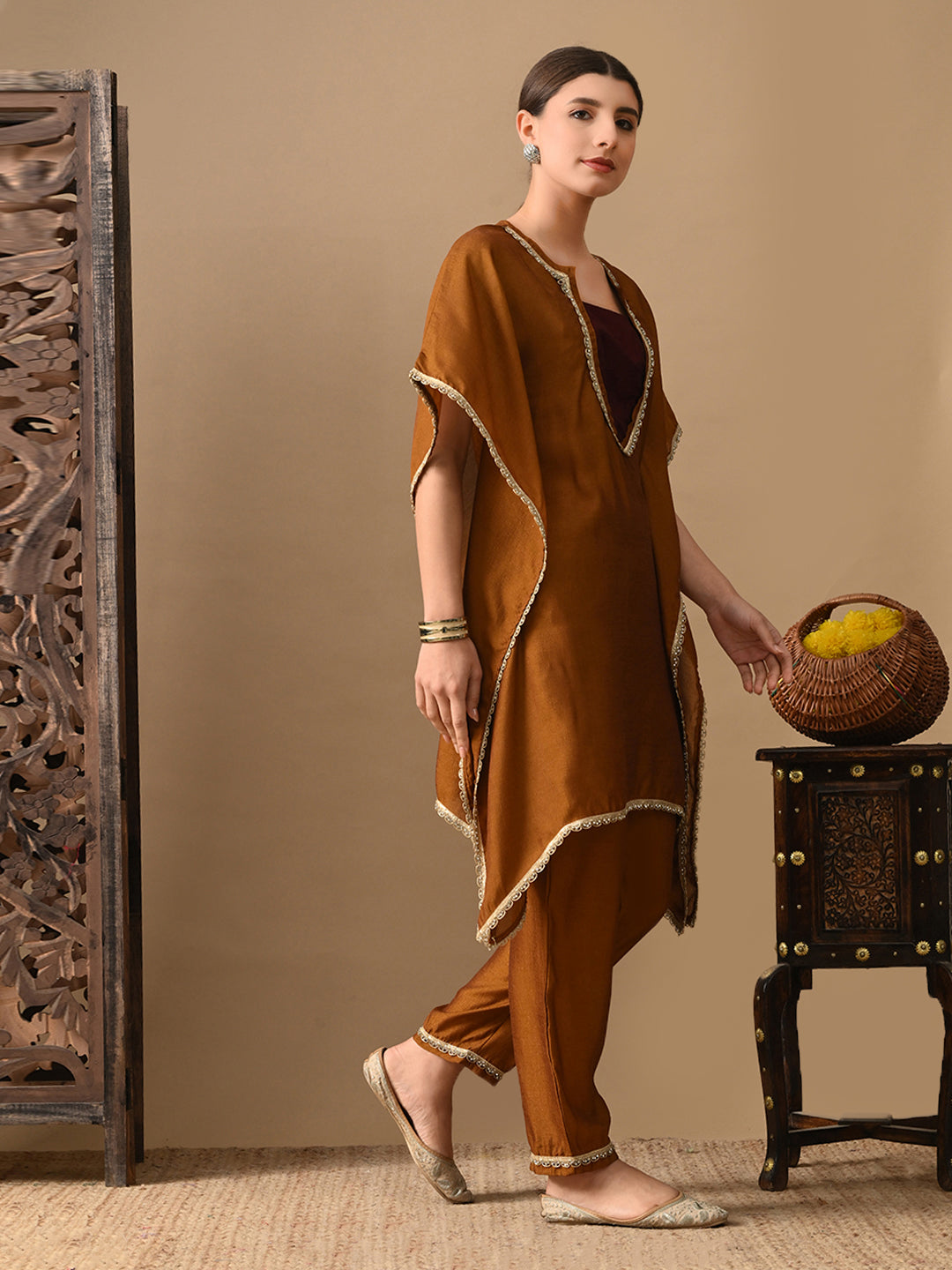 Myshka Mustard Silk Blend Kaftan Sweetheart Neck Short Sleeves Kurta Trousers With Dupatta - Swadesiicart