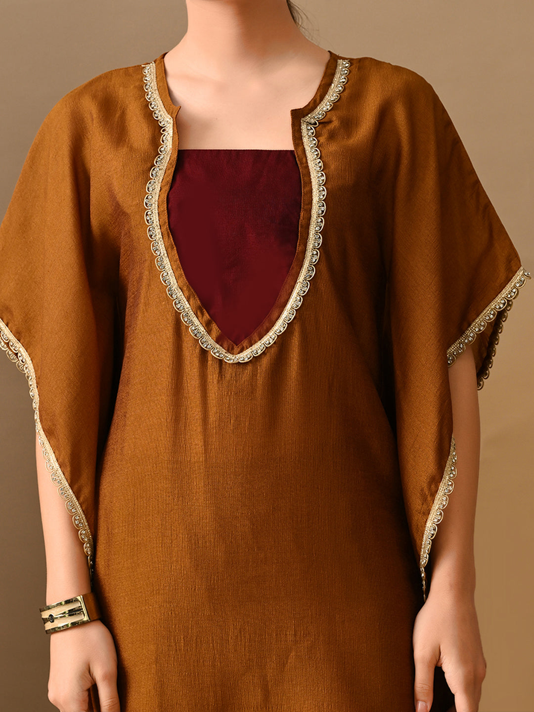 Myshka Mustard Silk Blend Kaftan Sweetheart Neck Short Sleeves Kurta Trousers With Dupatta - Swadesiicart