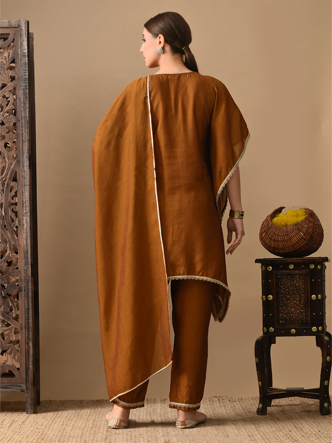 Myshka Mustard Silk Blend Kaftan Sweetheart Neck Short Sleeves Kurta Trousers With Dupatta - Swadesiicart
