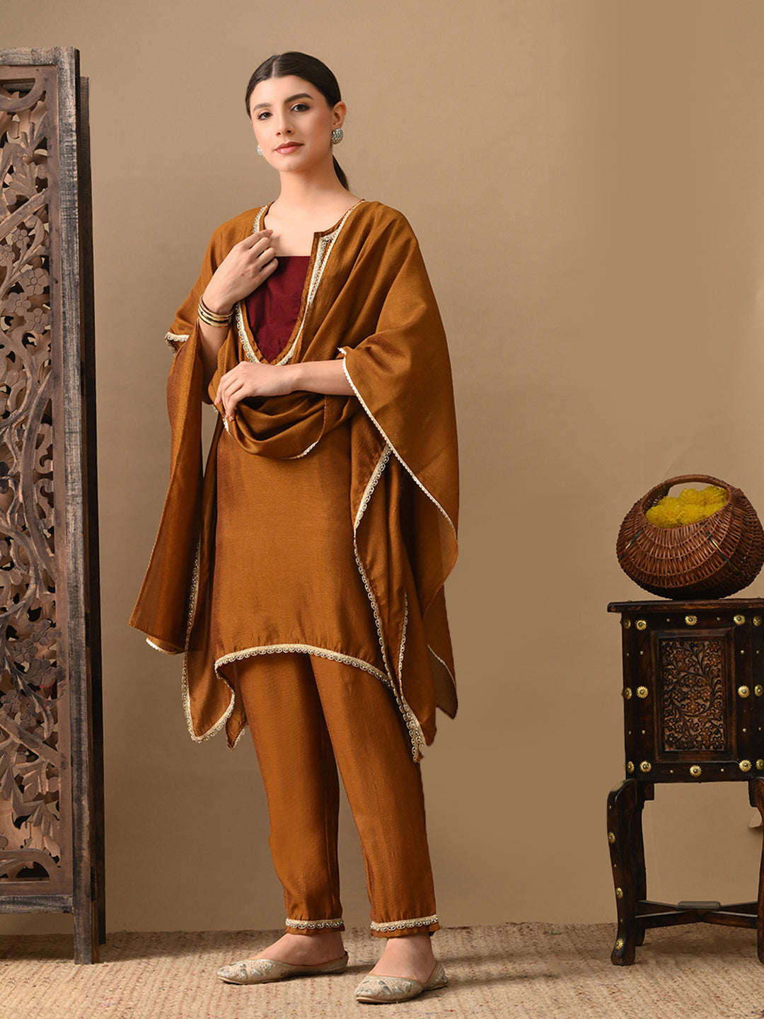 Myshka Mustard Silk Blend Kaftan Sweetheart Neck Short Sleeves Kurta Trousers With Dupatta - Swadesiicart