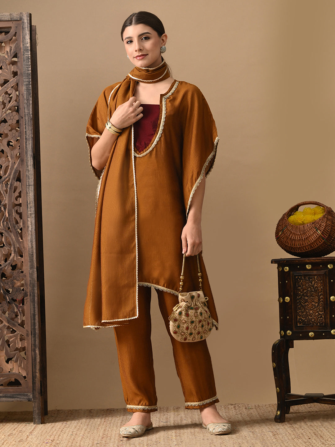 Myshka Mustard Silk Blend Kaftan Sweetheart Neck Short Sleeves Kurta Trousers With Dupatta - Swadesiicart