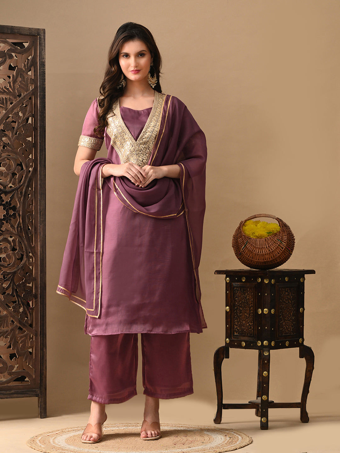 Myshka Mauve Silk Blend Straight Round Neck Short Sleeves Kurta Trousers With Dupatta - Swadesiicart