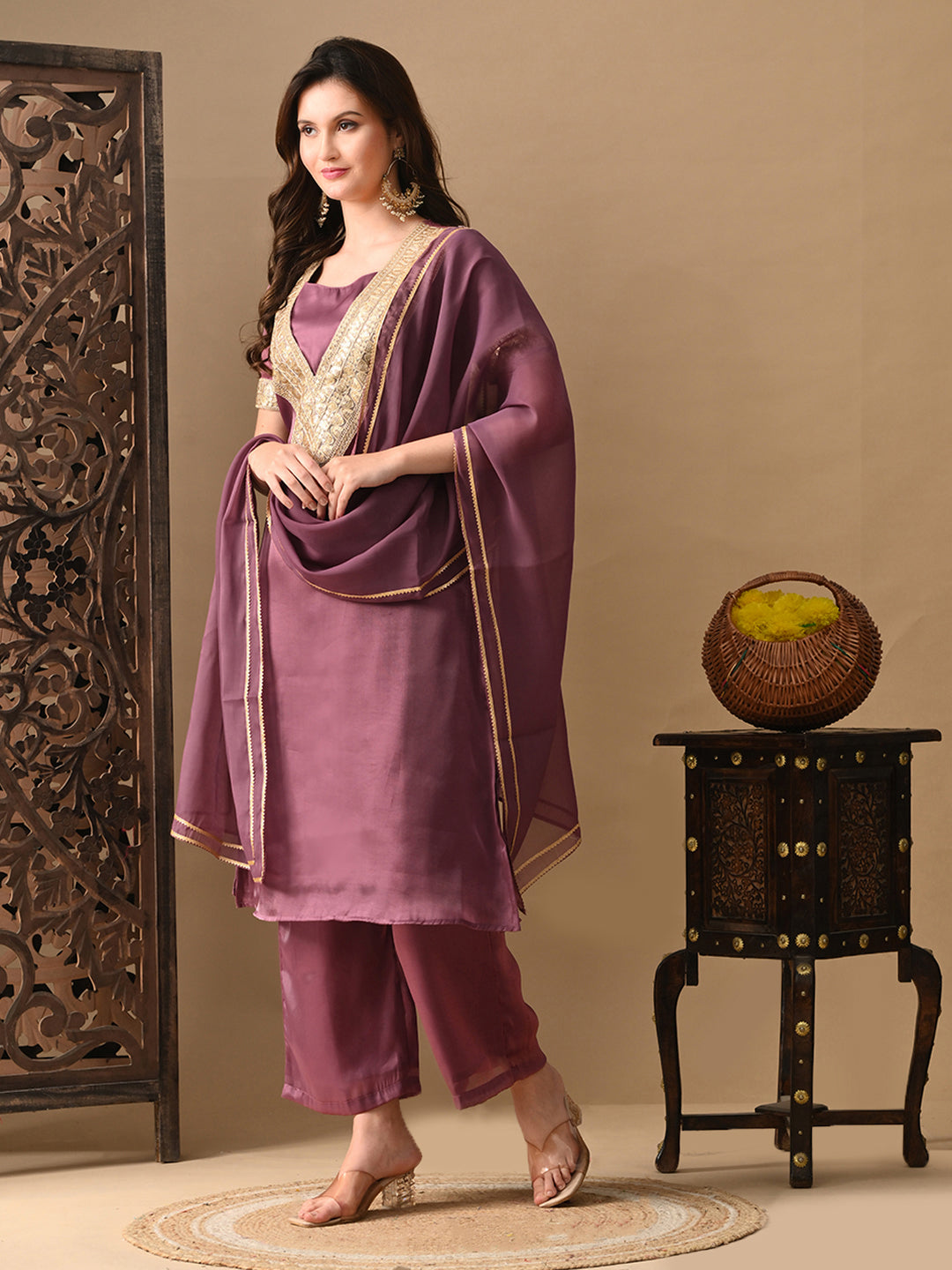 Myshka Mauve Silk Blend Straight Round Neck Short Sleeves Kurta Trousers With Dupatta - Swadesiicart