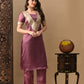 Myshka Mauve Silk Blend Straight Round Neck Short Sleeves Kurta Trousers With Dupatta - Swadesiicart