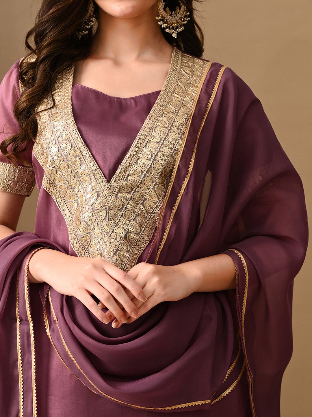 Myshka Mauve Silk Blend Straight Round Neck Short Sleeves Kurta Trousers With Dupatta - Swadesiicart