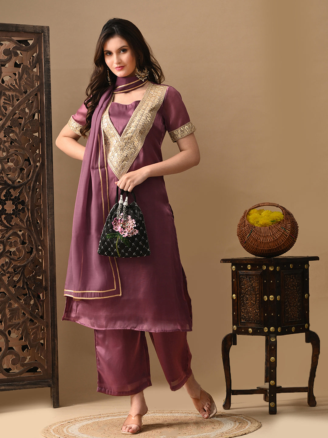 Myshka Mauve Silk Blend Straight Round Neck Short Sleeves Kurta Trousers With Dupatta - Swadesiicart