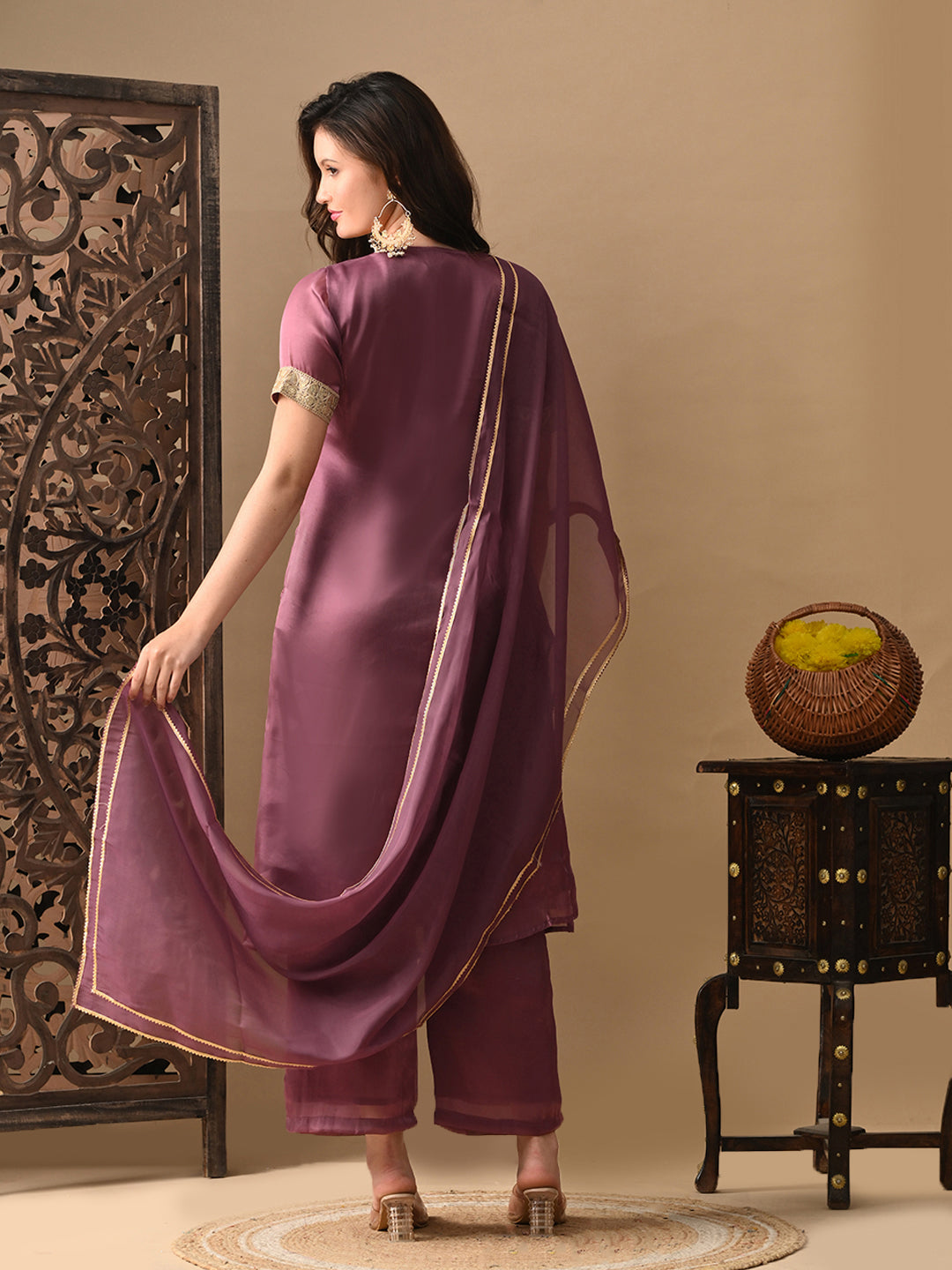 Myshka Mauve Silk Blend Straight Round Neck Short Sleeves Kurta Trousers With Dupatta - Swadesiicart