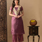Myshka Mauve Silk Blend Straight Round Neck Short Sleeves Kurta Trousers With Dupatta - Swadesiicart