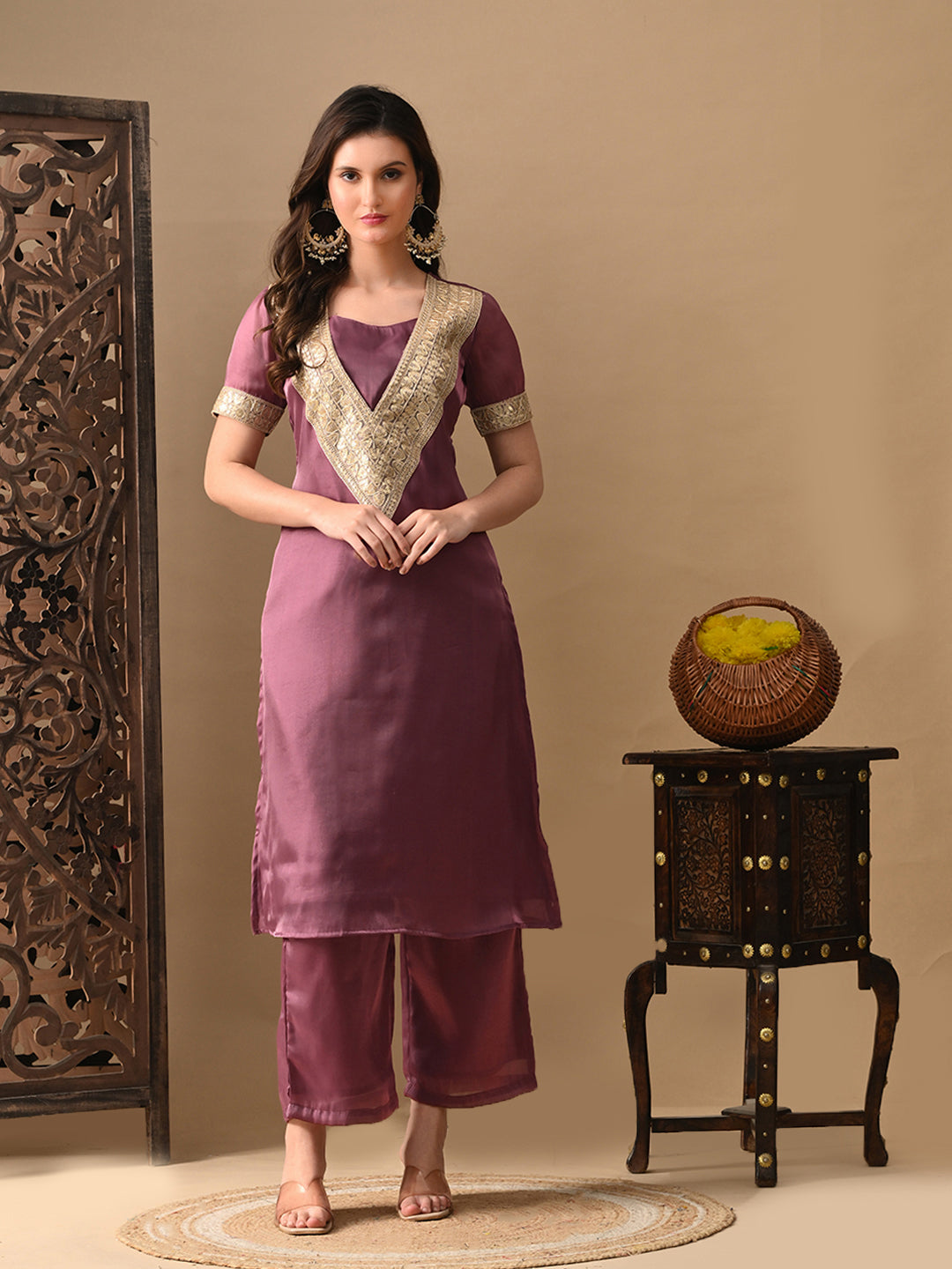 Myshka Mauve Silk Blend Straight Round Neck Short Sleeves Kurta Trousers With Dupatta - Swadesiicart