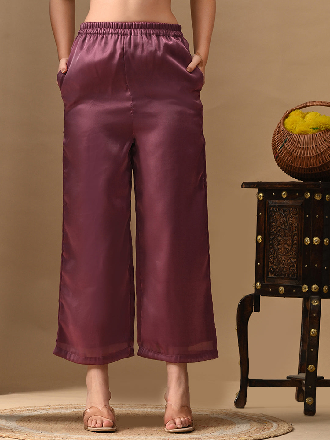 Myshka Mauve Silk Blend Straight Round Neck Short Sleeves Kurta Trousers With Dupatta - Swadesiicart