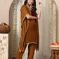 Myshka Brown Silk Blend Kaftan Round Neck Short Sleeves Kurta Trousers Set - Swadesiicart