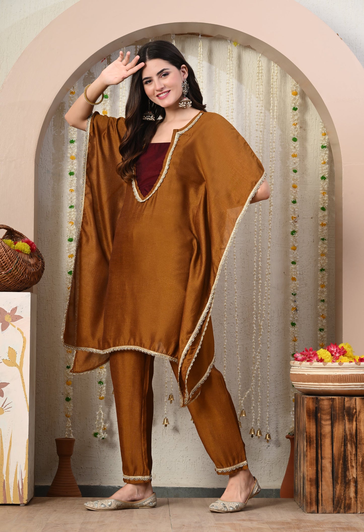 Myshka Brown Silk Blend Kaftan Round Neck Short Sleeves Kurta Trousers Set - Swadesiicart
