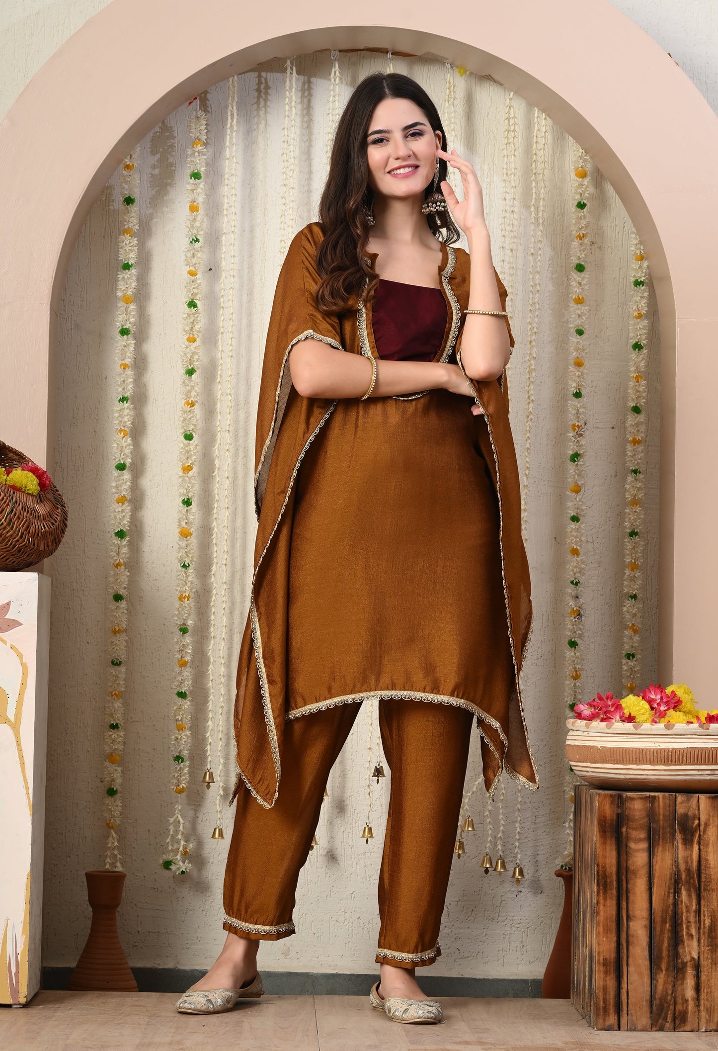 Myshka Brown Silk Blend Kaftan Round Neck Short Sleeves Kurta Trousers Set - Swadesiicart
