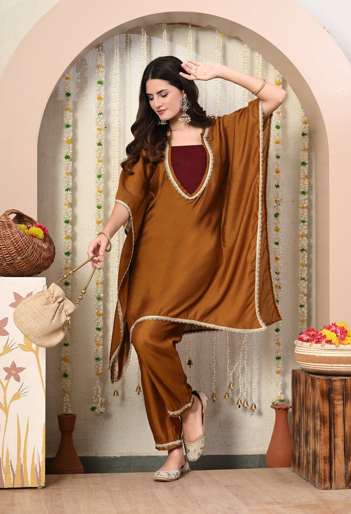 Myshka Brown Silk Blend Kaftan Round Neck Short Sleeves Kurta Trousers Set - Swadesiicart