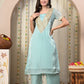 Myshka Blue Silk Blend Straight Round Neck Short Sleeves Kurta Trousers Set - Swadesiicart