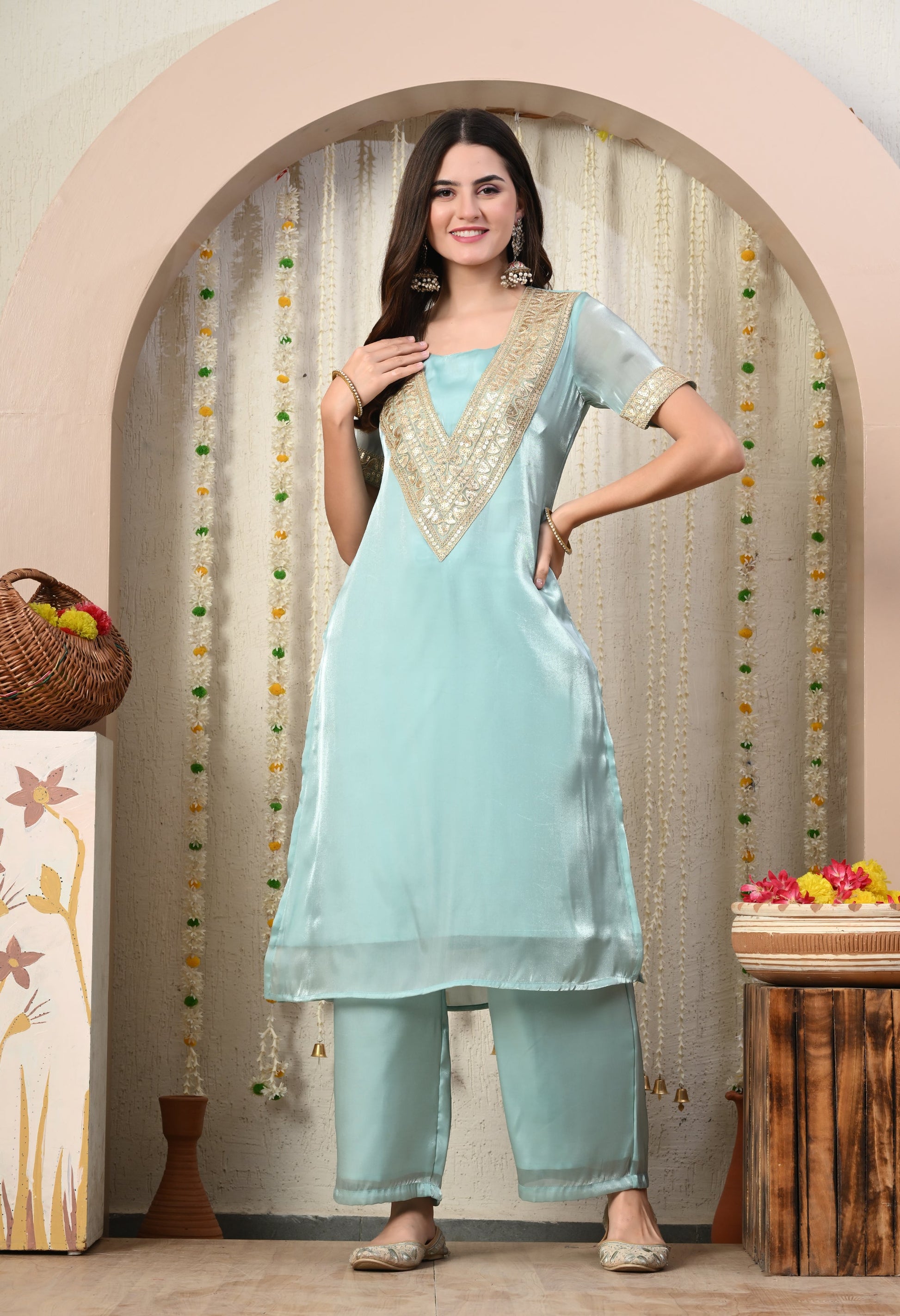 Myshka Blue Silk Blend Straight Round Neck Short Sleeves Kurta Trousers Set - Swadesiicart