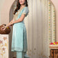 Myshka Blue Silk Blend Straight Round Neck Short Sleeves Kurta Trousers Set - Swadesiicart