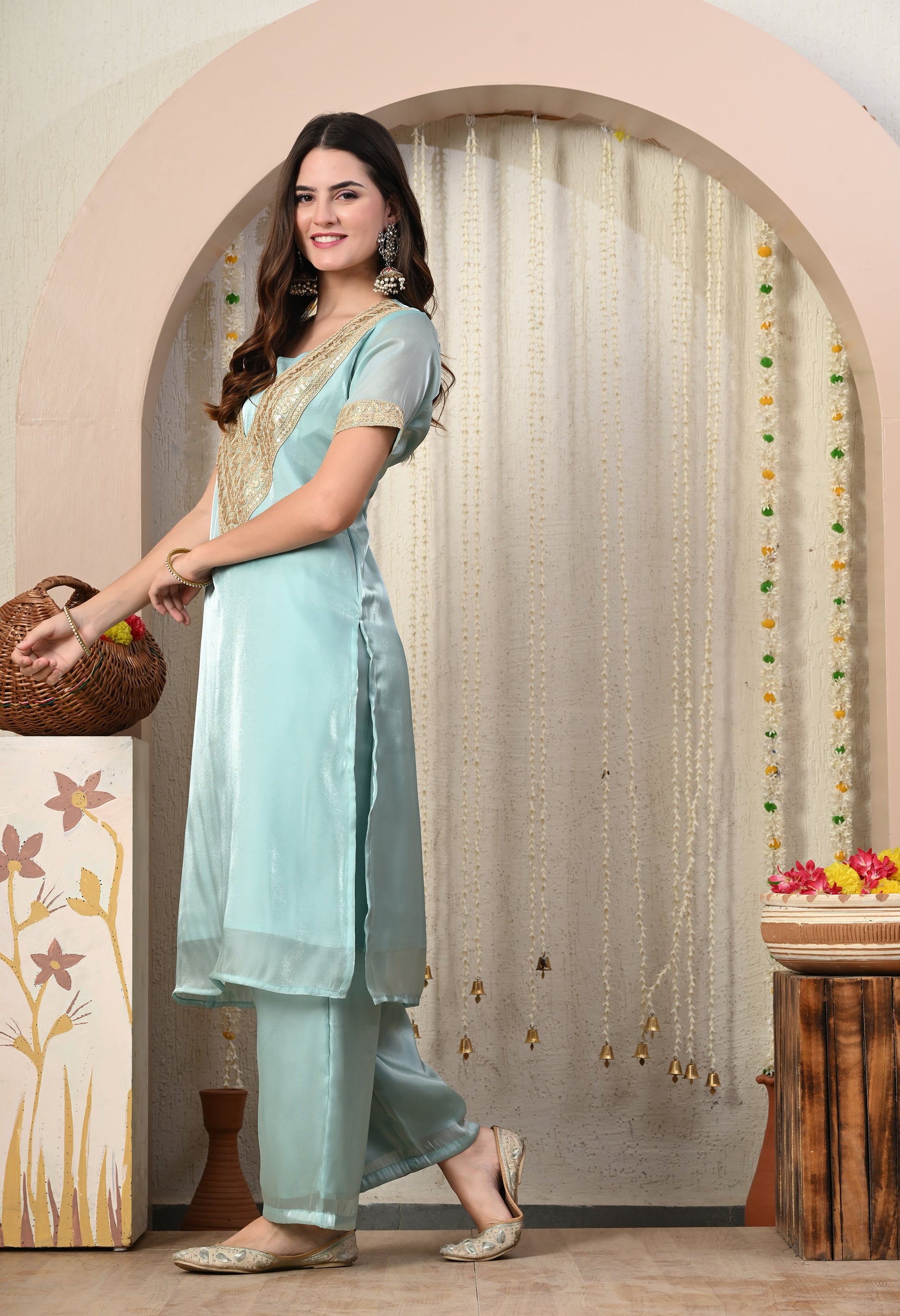 Myshka Blue Silk Blend Straight Round Neck Short Sleeves Kurta Trousers Set - Swadesiicart