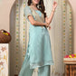 Myshka Blue Silk Blend Straight Round Neck Short Sleeves Kurta Trousers Set - Swadesiicart