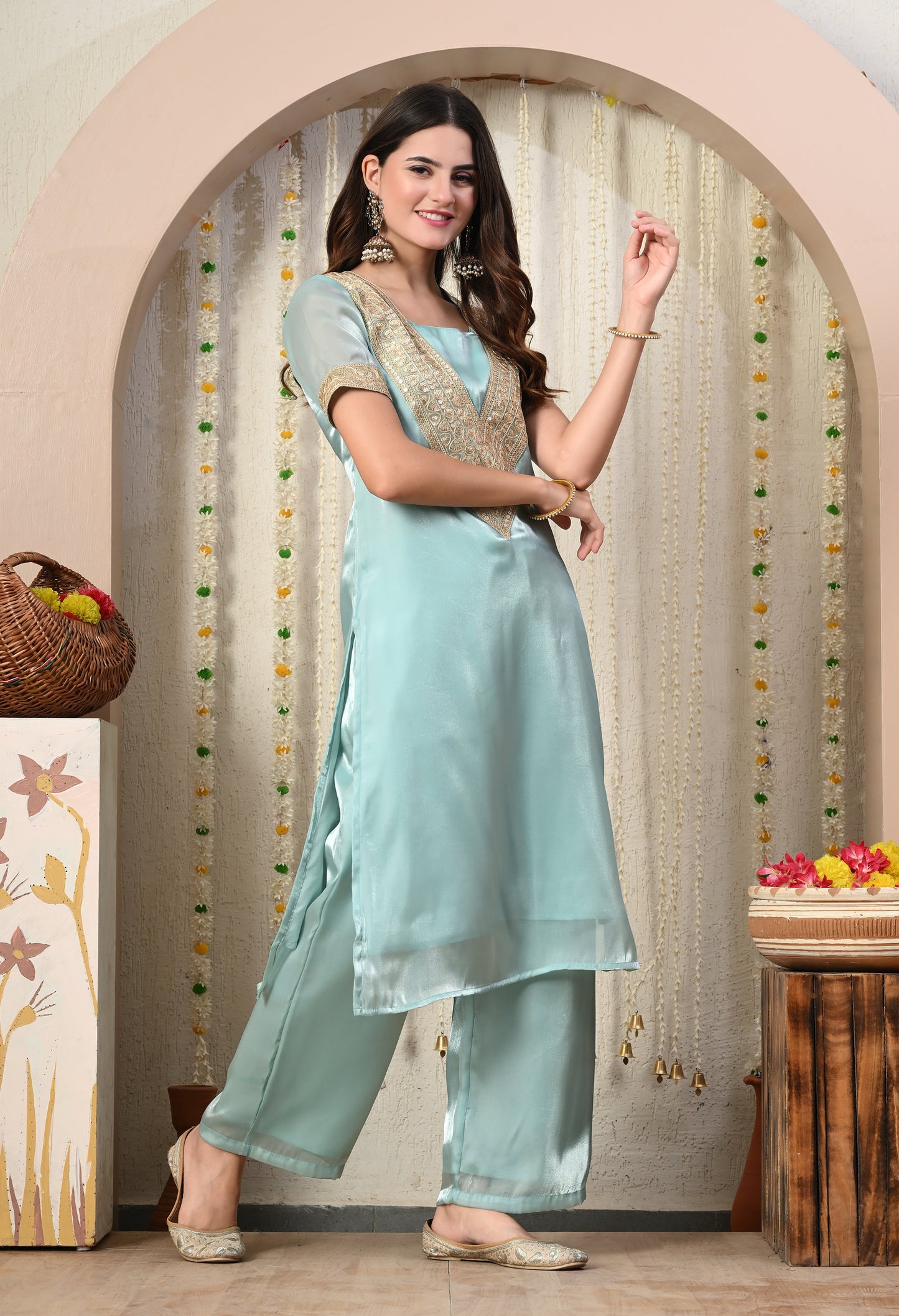 Myshka Blue Silk Blend Straight Round Neck Short Sleeves Kurta Trousers Set - Swadesiicart