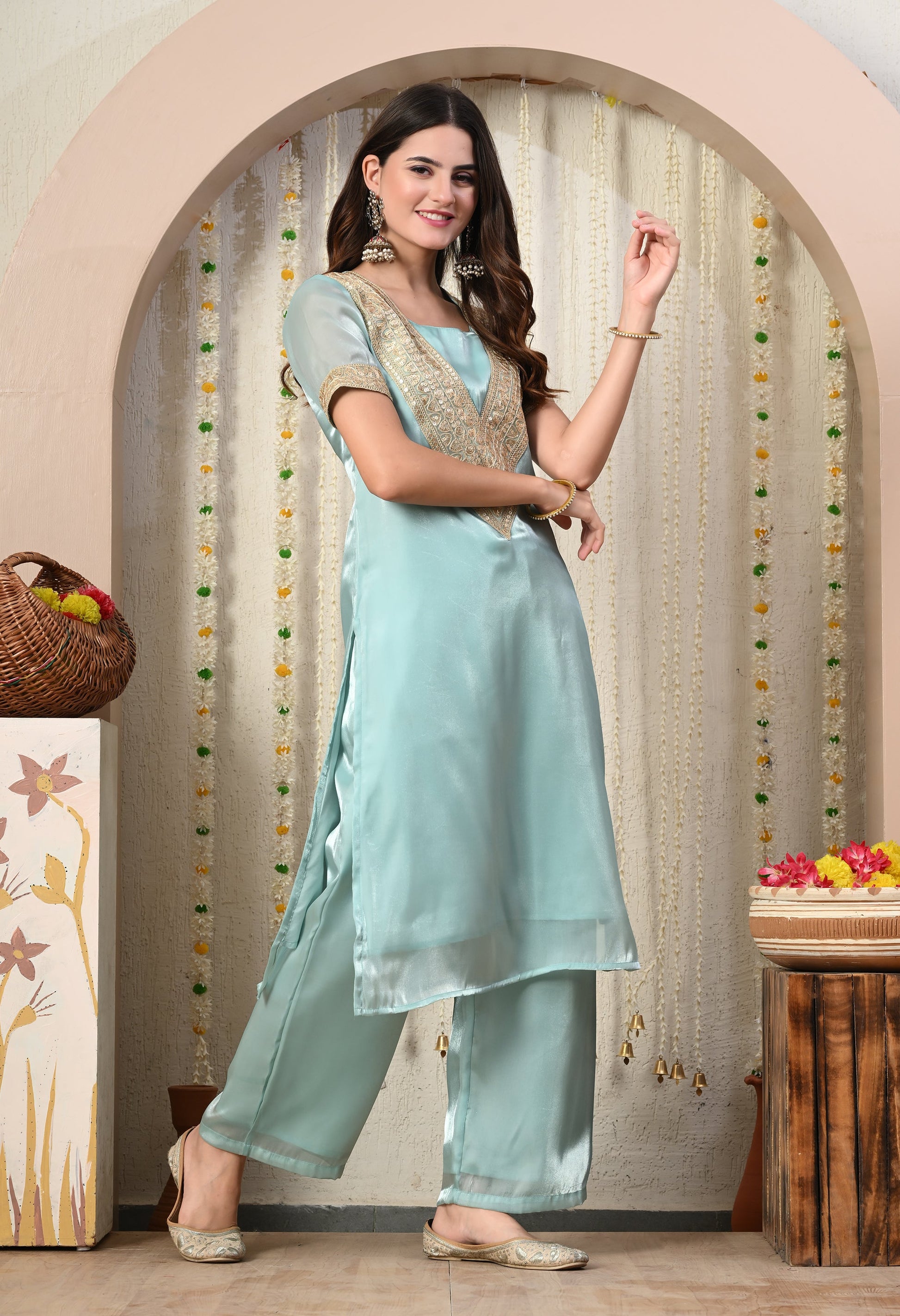 Myshka Blue Silk Blend Straight Round Neck Short Sleeves Kurta Trousers Set - Swadesiicart
