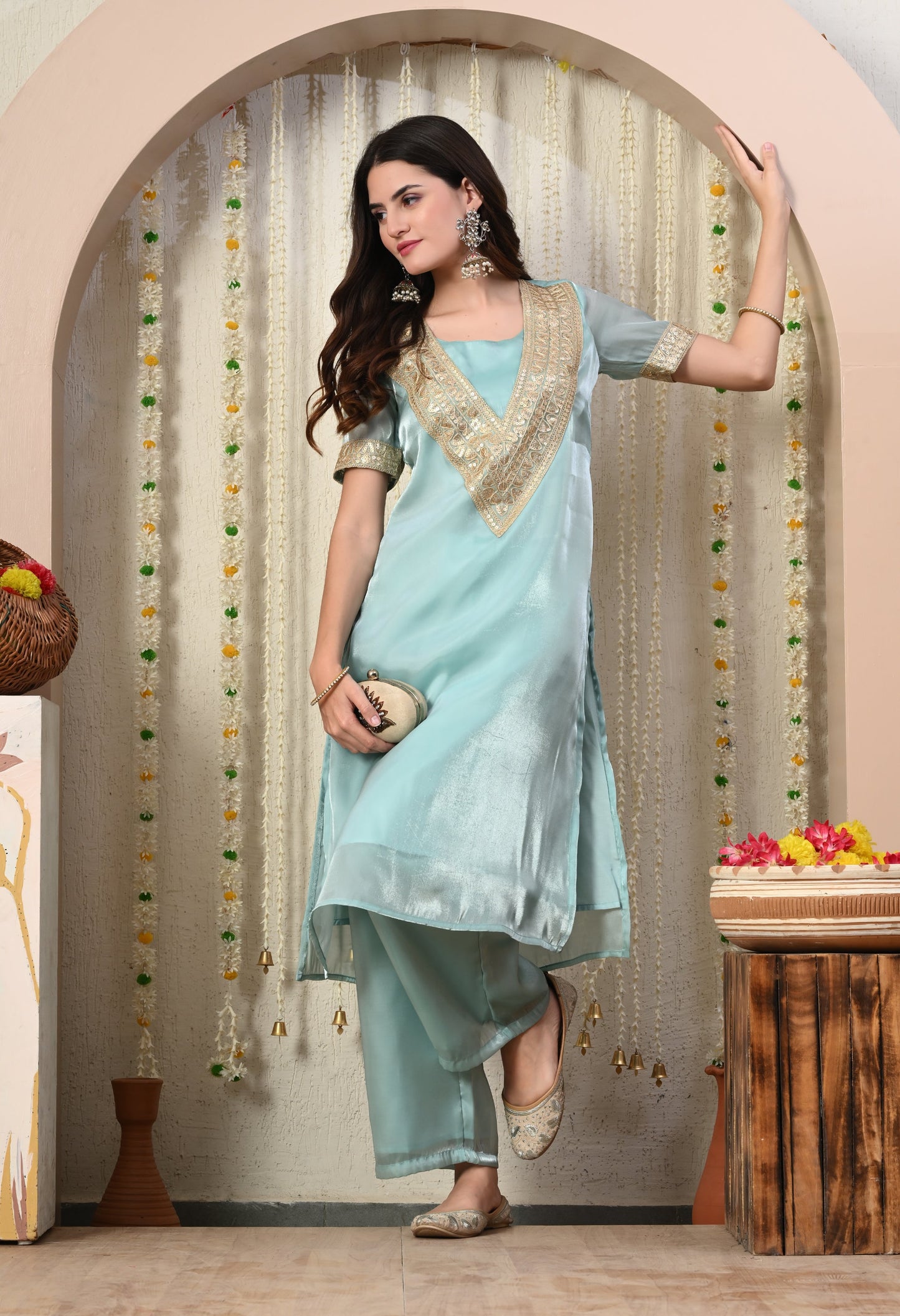 Myshka Blue Silk Blend Straight Round Neck Short Sleeves Kurta Trousers Set - Swadesiicart
