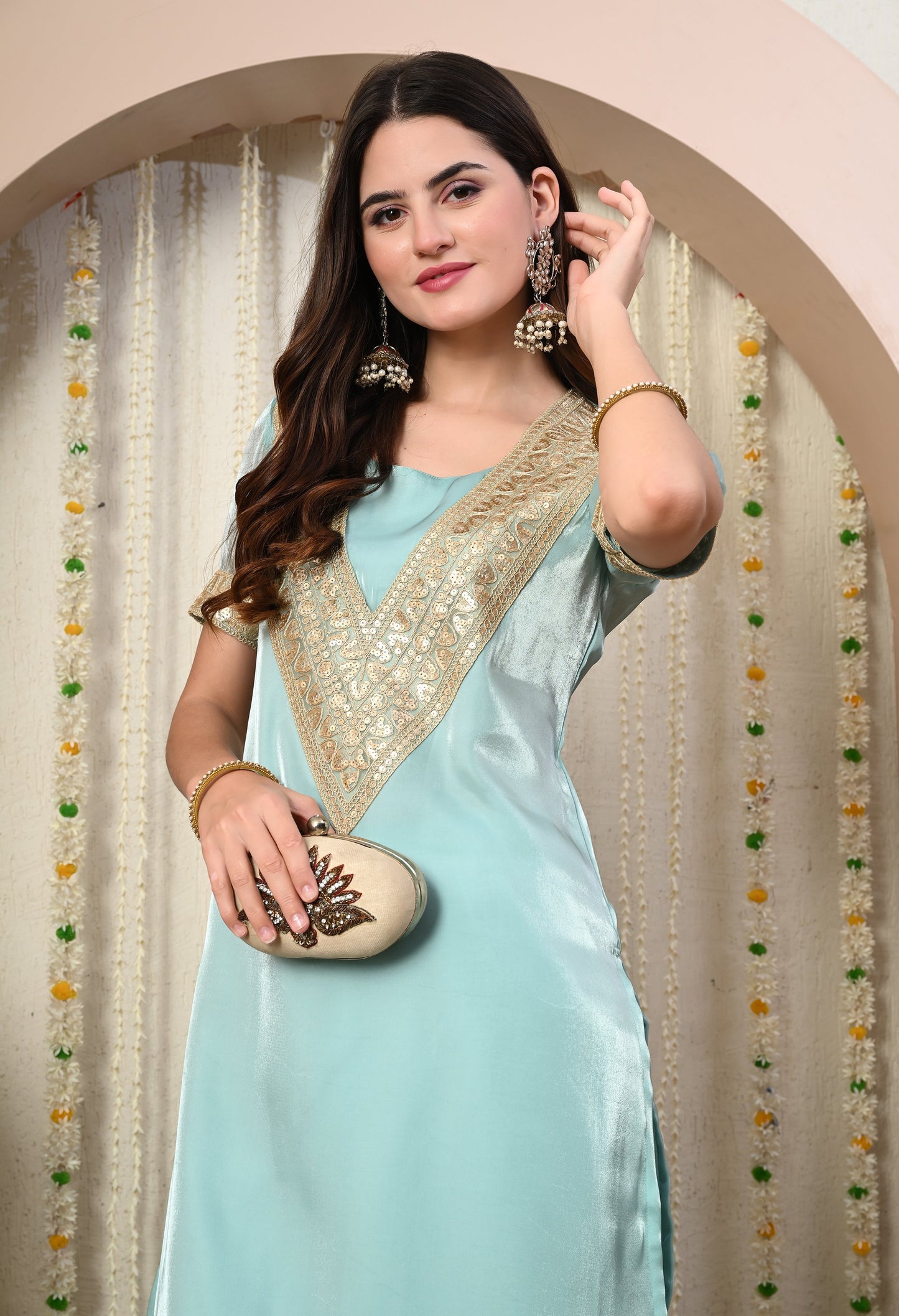 Myshka Blue Silk Blend Straight Round Neck Short Sleeves Kurta Trousers Set - Swadesiicart