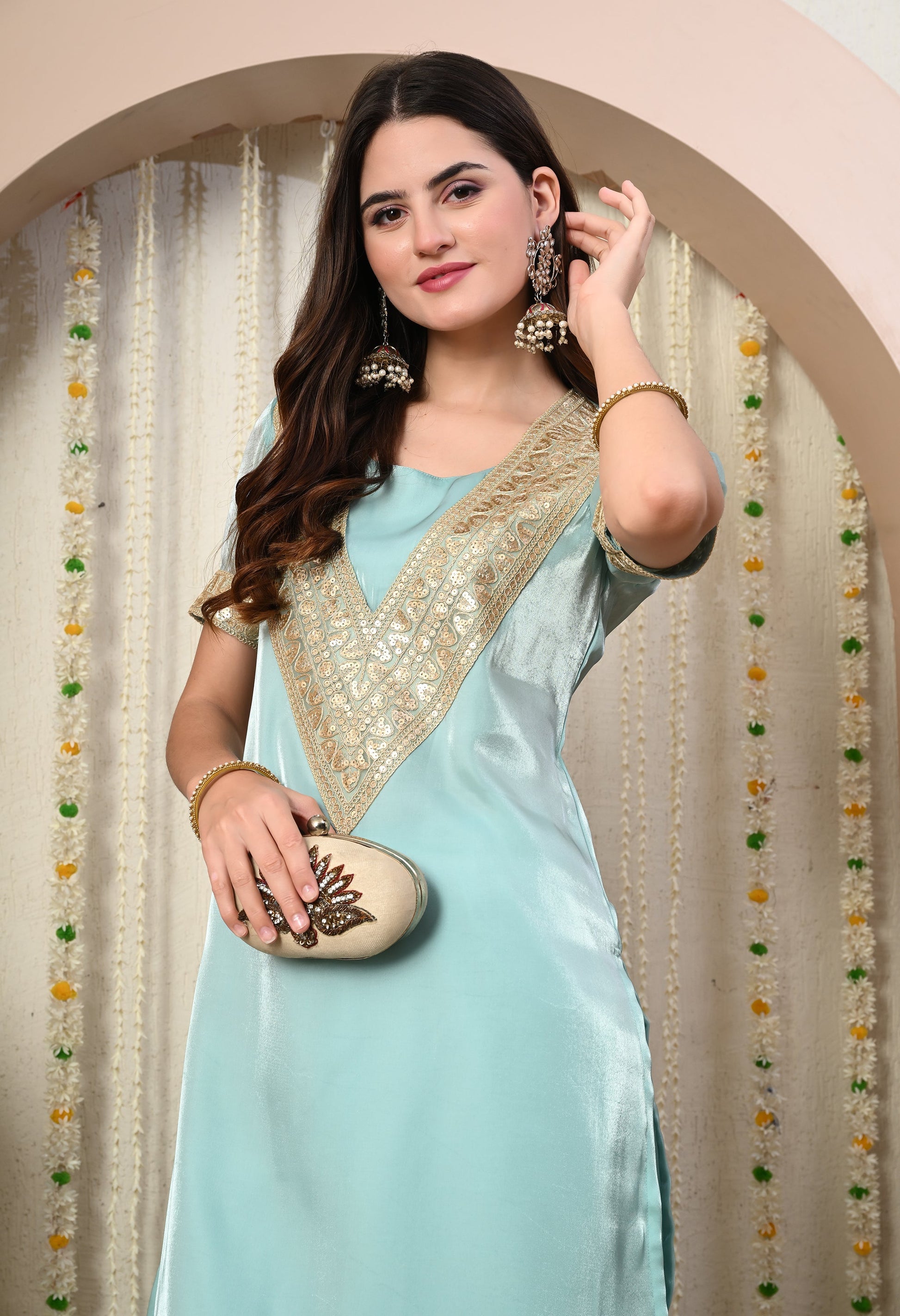 Myshka Blue Silk Blend Straight Round Neck Short Sleeves Kurta Trousers Set - Swadesiicart