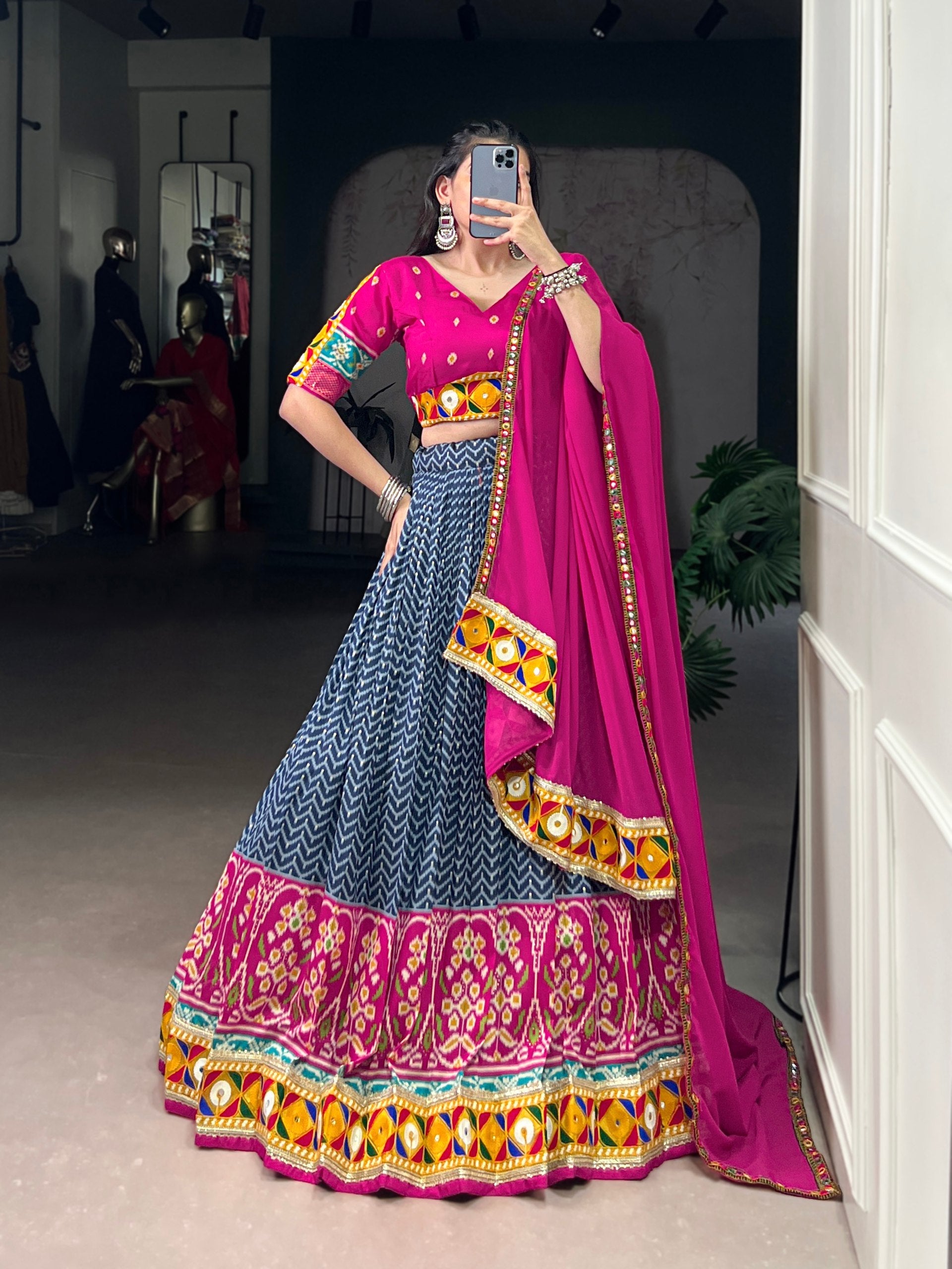 Lorenvalley Fashion Blue Tasar Silk Print with Foil Work and Real Mirror Gamthi Work with Lace Touch Up Lehenga Choli with Dupatta | Swadesiicart