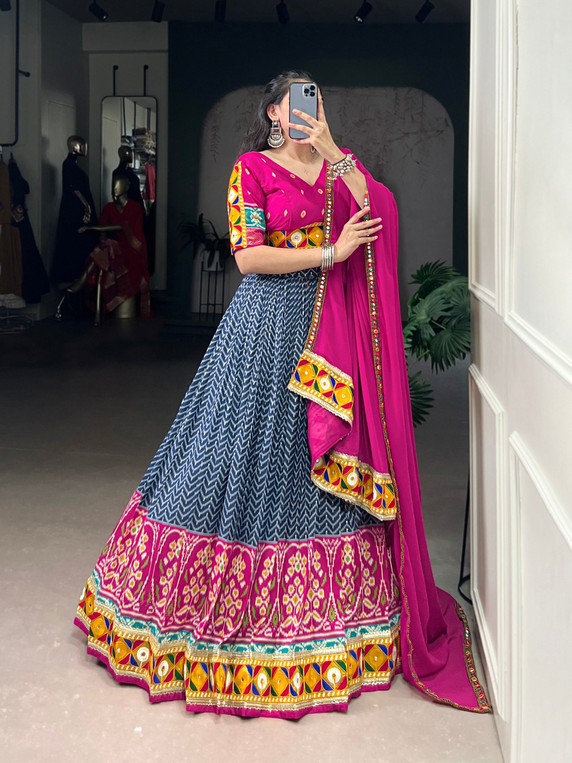 Lorenvalley Fashion Blue Tasar Silk Print with Foil Work and Real Mirror Gamthi Work with Lace Touch Up Lehenga Choli with Dupatta | Swadesiicart