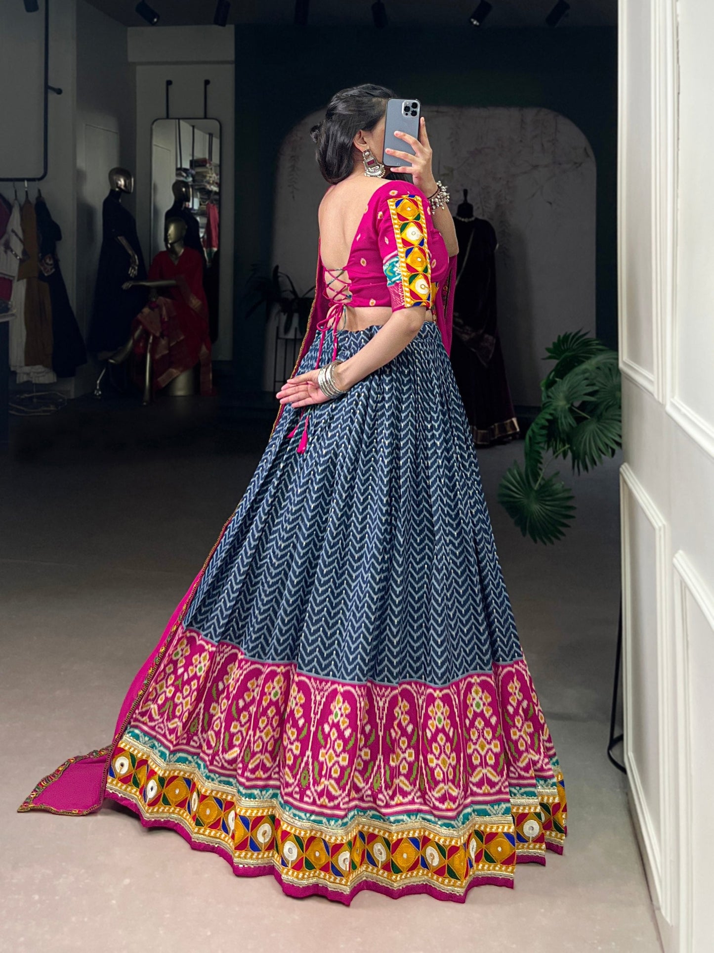 Lorenvalley Fashion Blue Tasar Silk Print with Foil Work and Real Mirror Gamthi Work with Lace Touch Up Lehenga Choli with Dupatta | Swadesiicart