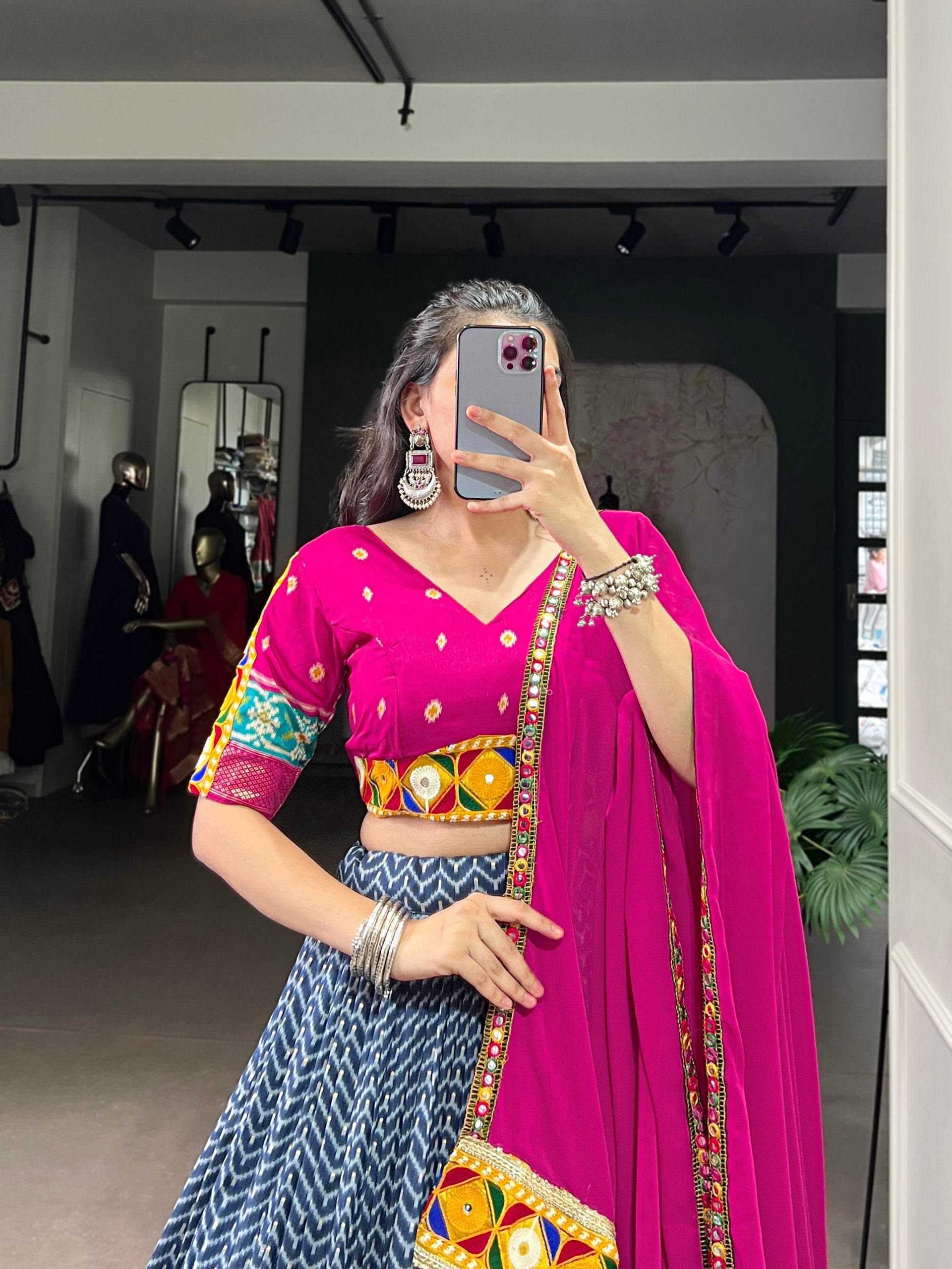 Lorenvalley Fashion Blue Tasar Silk Print with Foil Work and Real Mirror Gamthi Work with Lace Touch Up Lehenga Choli with Dupatta | Swadesiicart