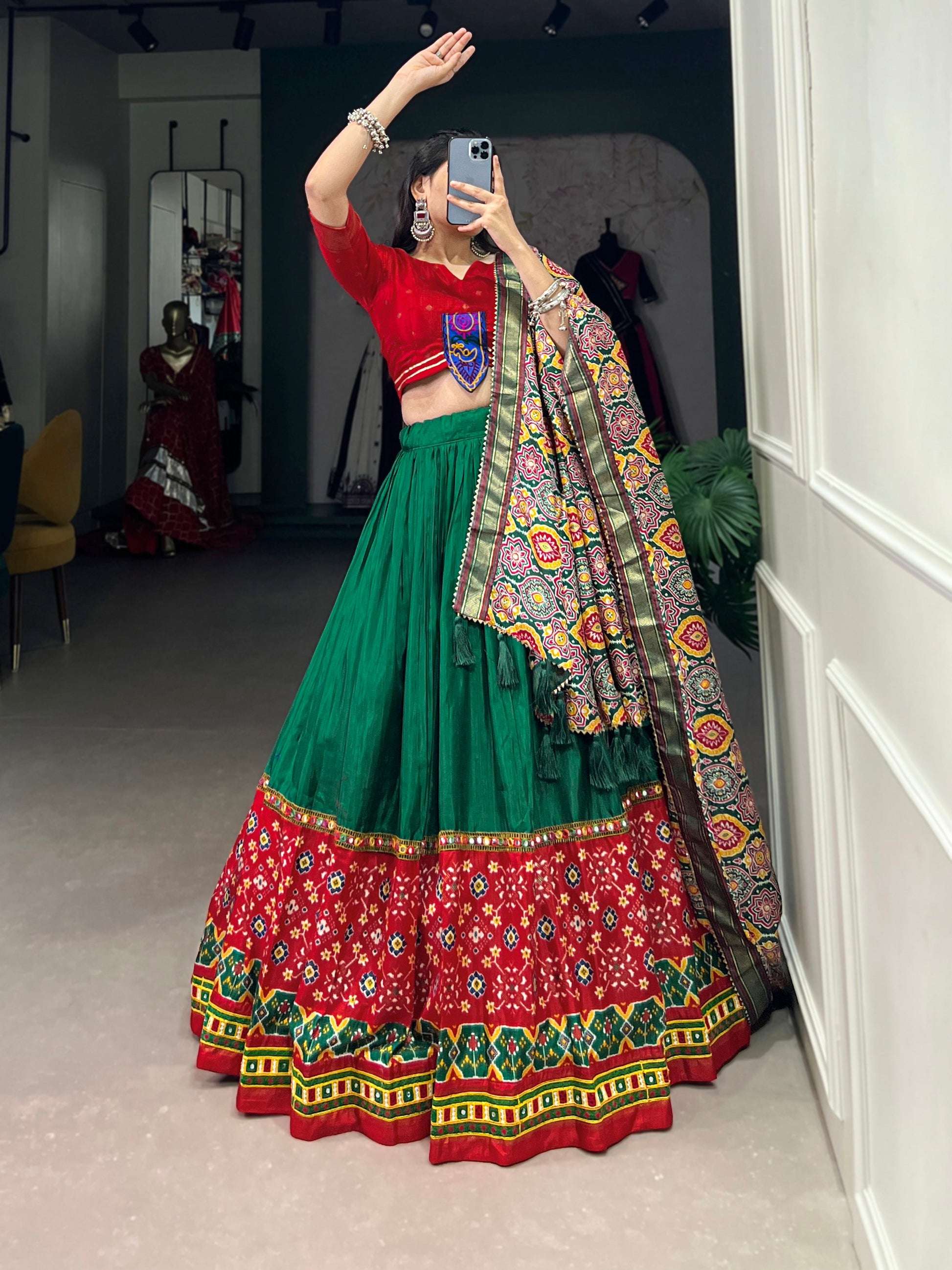 Lorenvalley Green Dola Silk Printed With Foil Work And Original Mirror Gamthi Lace Touch Up Lehenga Choli with Dupatta | Swadesiicart