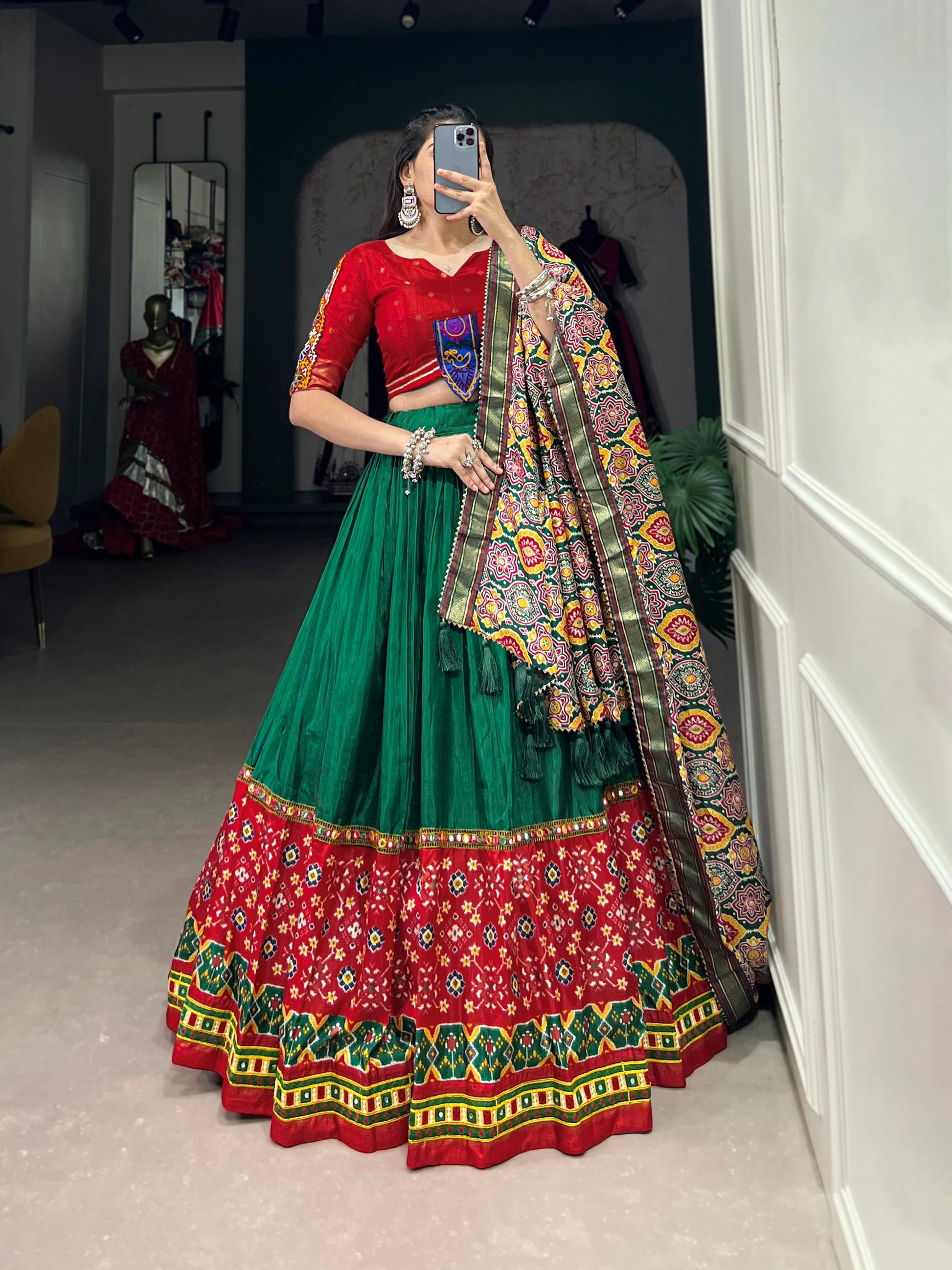 Lorenvalley Green Dola Silk Printed With Foil Work And Original Mirror Gamthi Lace Touch Up Lehenga Choli with Dupatta | Swadesiicart
