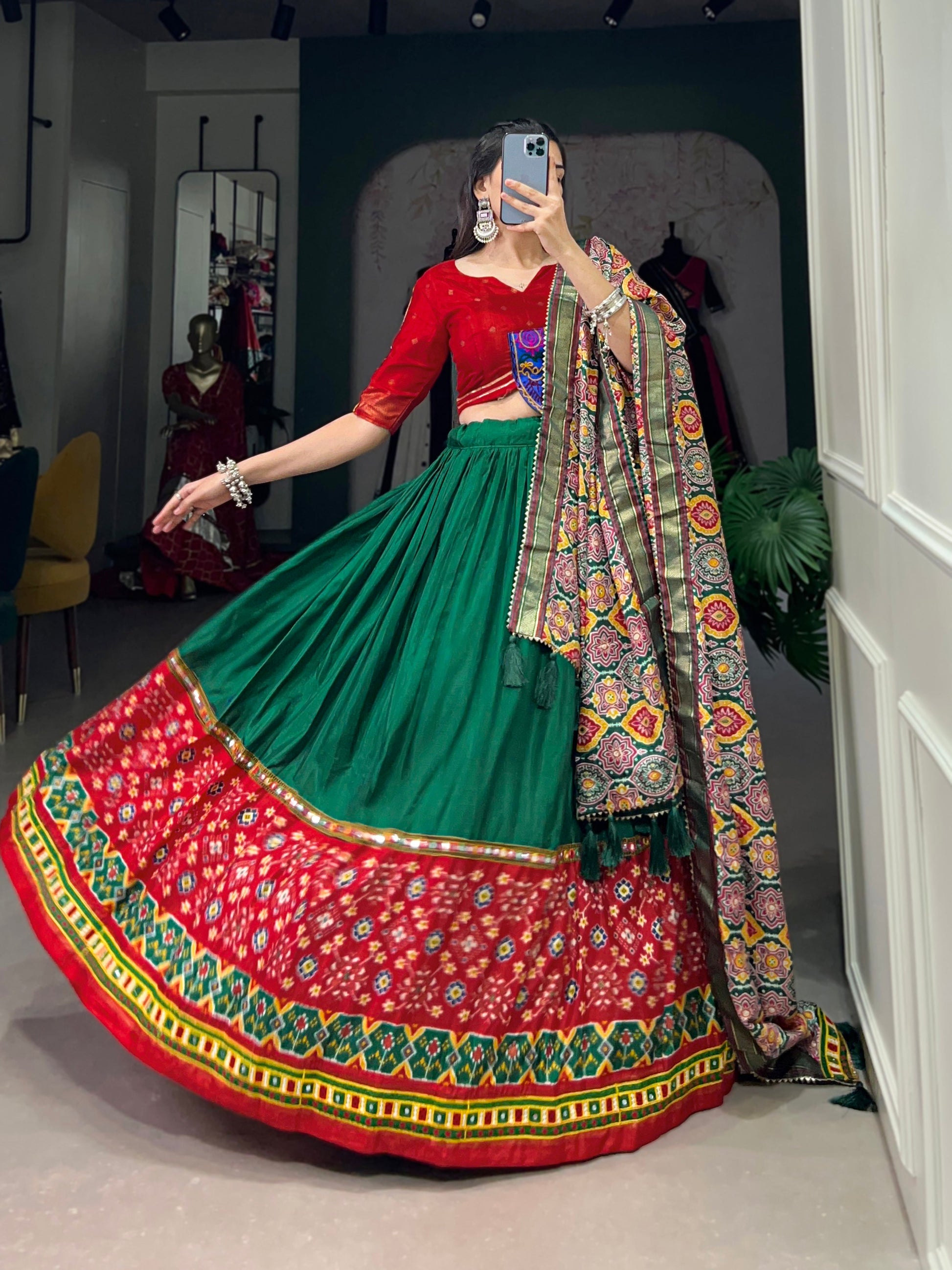 Lorenvalley Green Dola Silk Printed With Foil Work And Original Mirror Gamthi Lace Touch Up Lehenga Choli with Dupatta | Swadesiicart