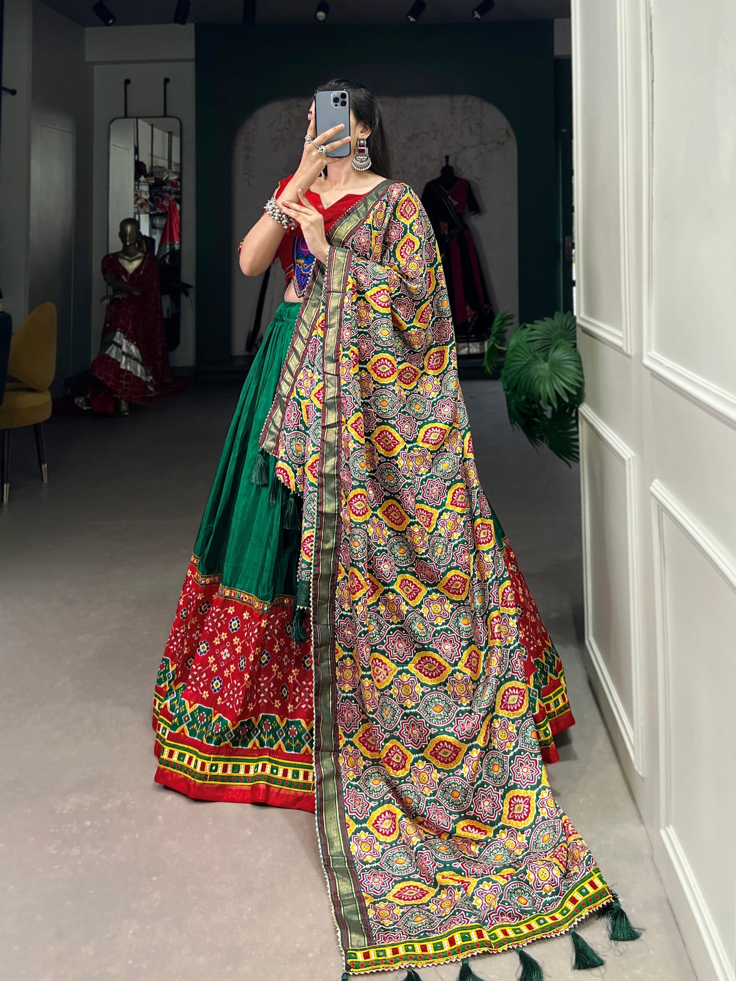 Lorenvalley Green Dola Silk Printed With Foil Work And Original Mirror Gamthi Lace Touch Up Lehenga Choli with Dupatta | Swadesiicart