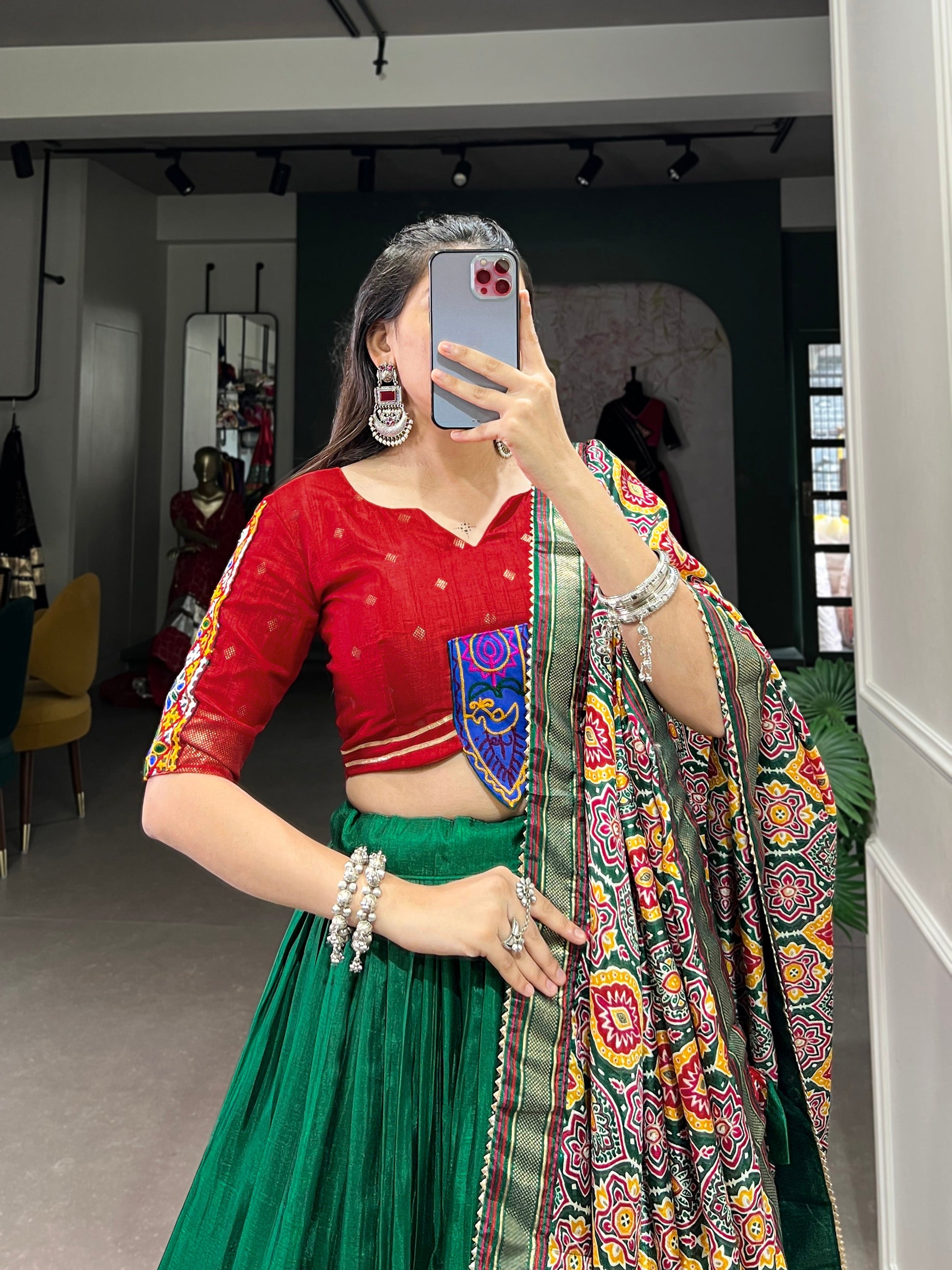 Lorenvalley Green Dola Silk Printed With Foil Work And Original Mirror Gamthi Lace Touch Up Lehenga Choli with Dupatta | Swadesiicart