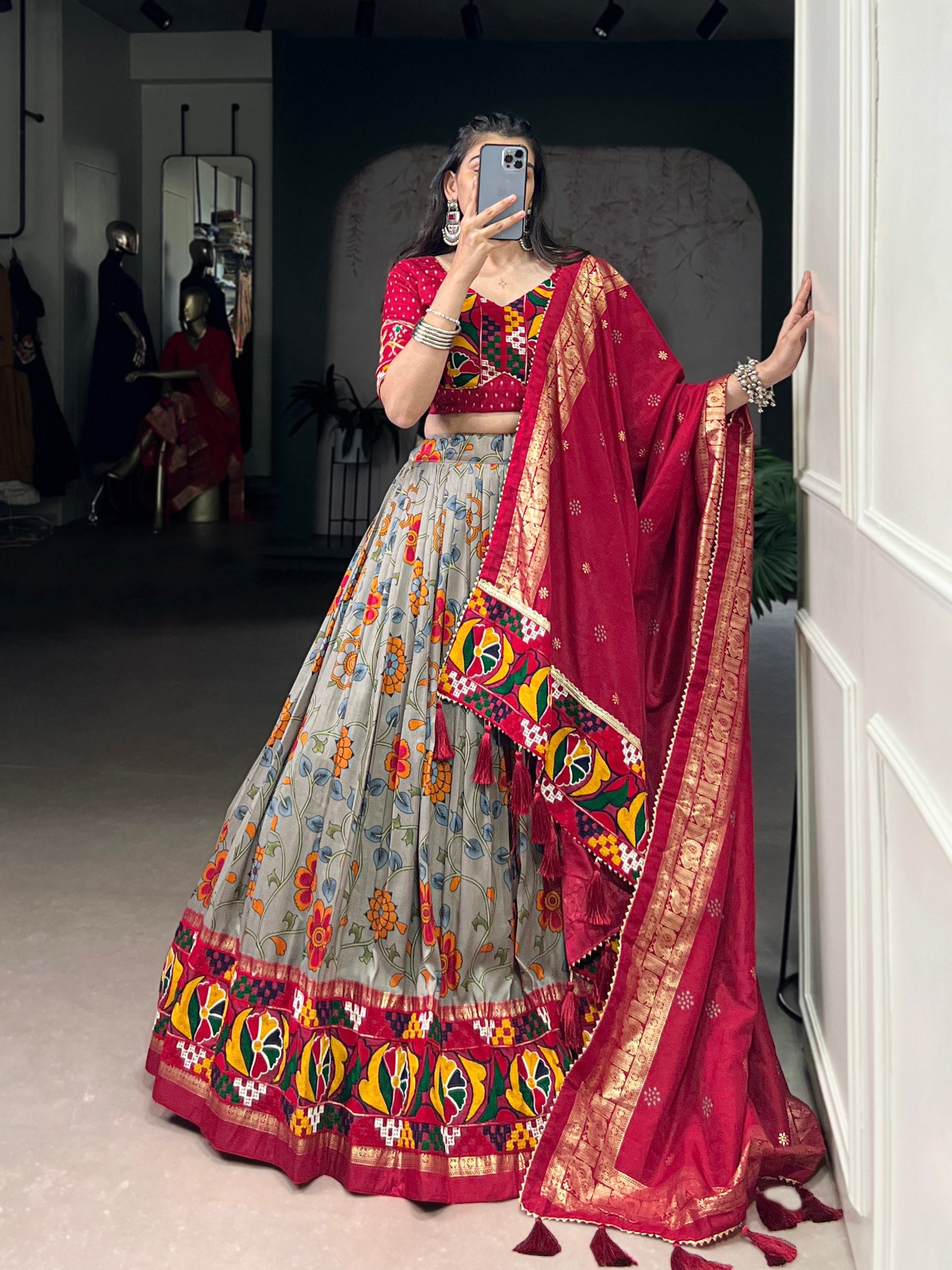 Lorenvalley Fashion Grey Tasar Silk Print with Foil Work and Real Mirror Gamthi Work with Lace Touch Up Lehenga Choli with Dupatta | Swadesiicart