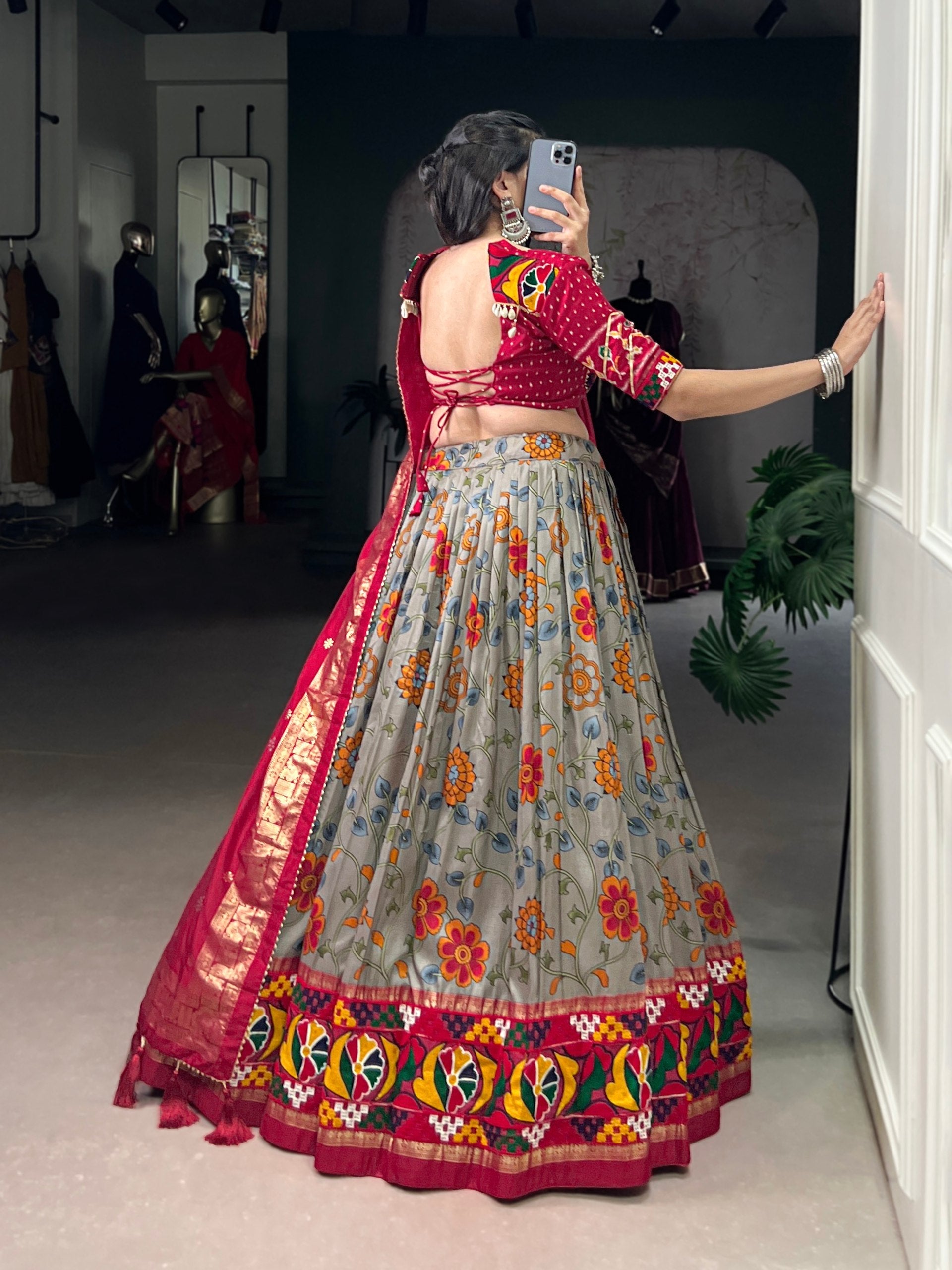 Lorenvalley Fashion Grey Tasar Silk Print with Foil Work and Real Mirror Gamthi Work with Lace Touch Up Lehenga Choli with Dupatta | Swadesiicart
