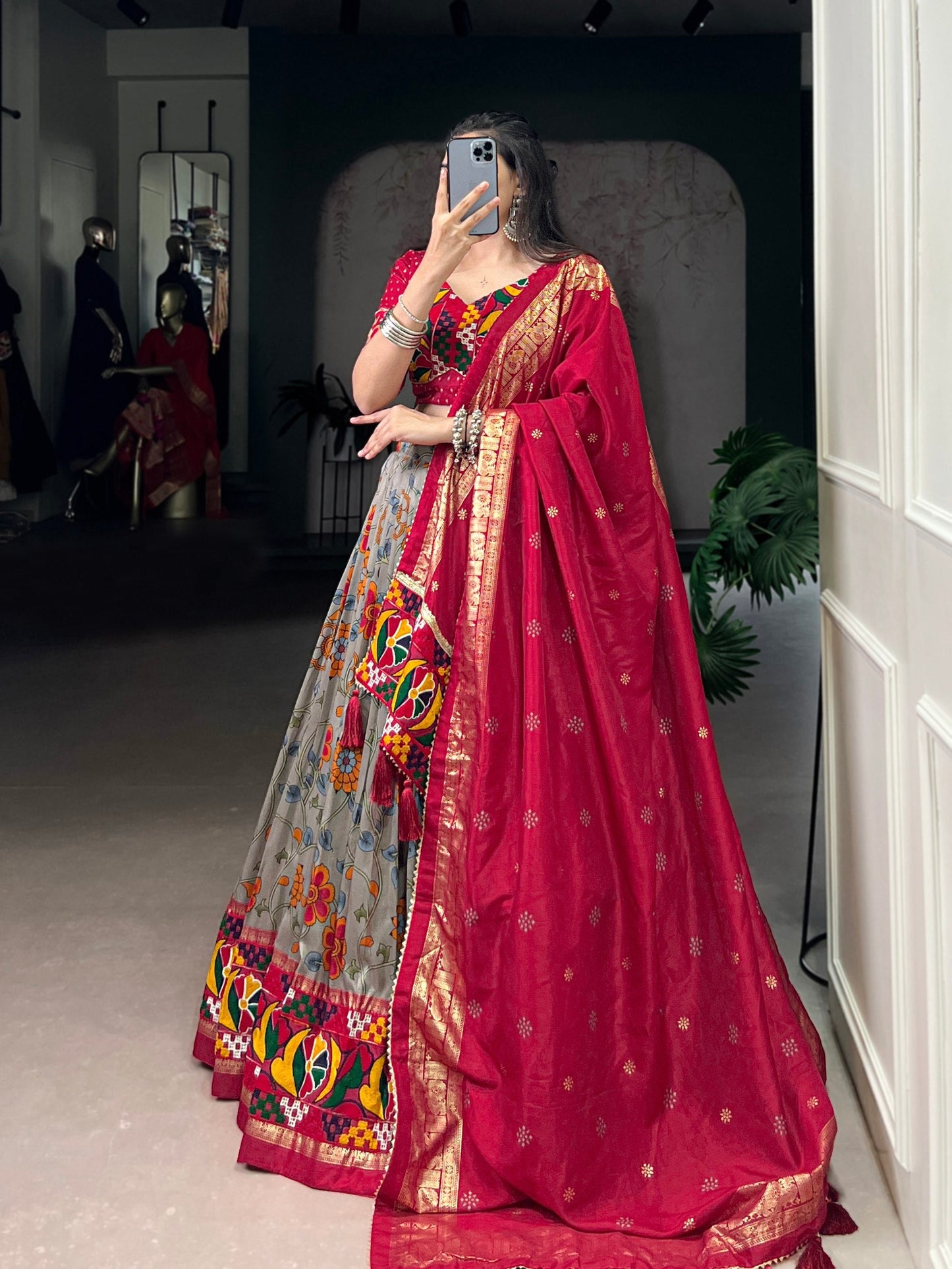 Lorenvalley Fashion Grey Tasar Silk Print with Foil Work and Real Mirror Gamthi Work with Lace Touch Up Lehenga Choli with Dupatta | Swadesiicart