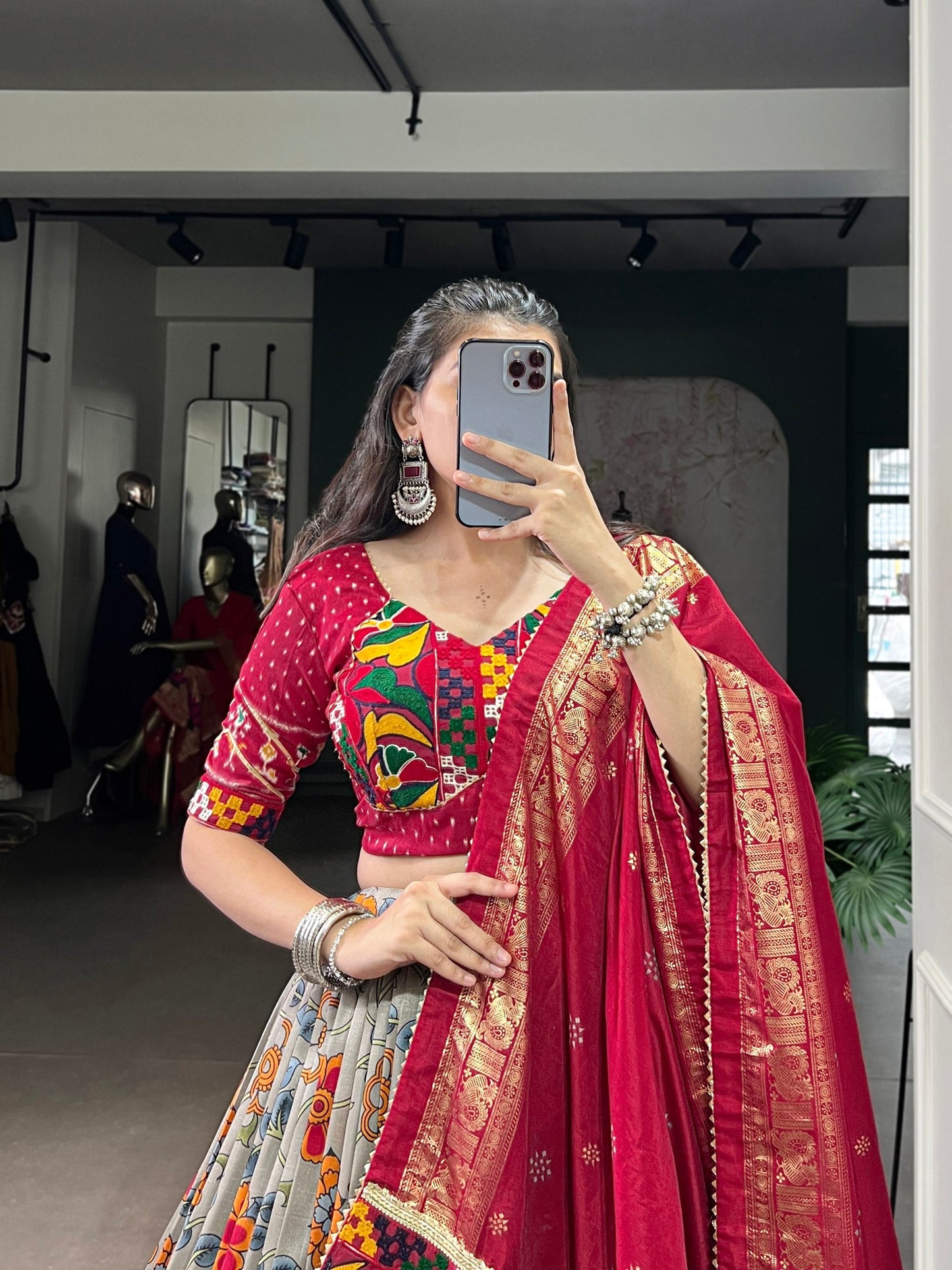 Lorenvalley Fashion Grey Tasar Silk Print with Foil Work and Real Mirror Gamthi Work with Lace Touch Up Lehenga Choli with Dupatta | Swadesiicart