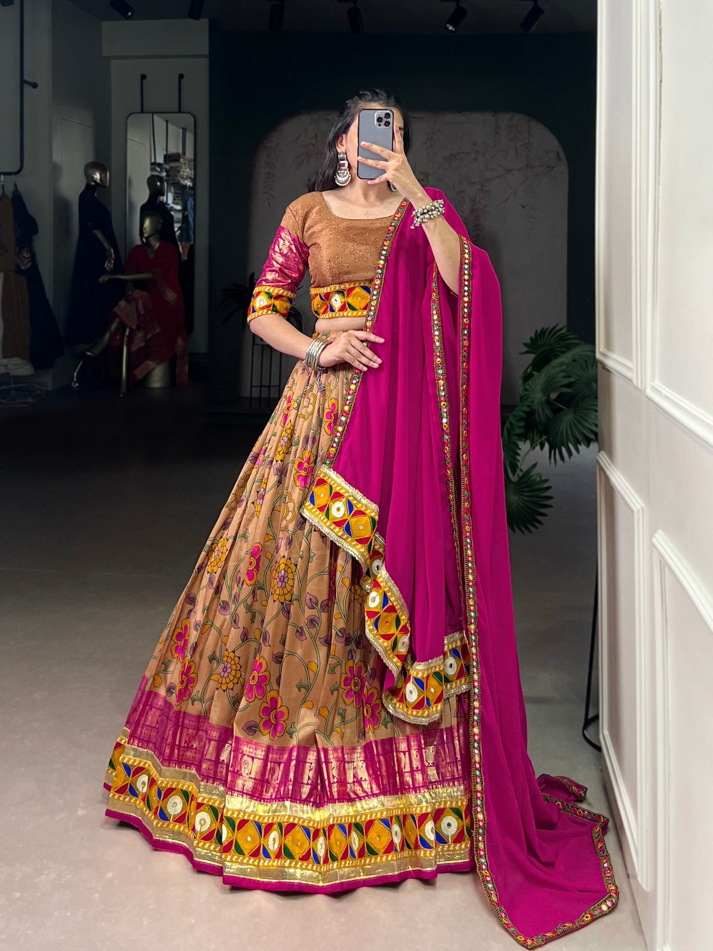 Lorenvalley Fashion Mustard Tasar Silk Print with Foil Work and Real Mirror Gamthi Work with Lace Touch Up Lehenga Choli with Dupatta | Swadesiicart