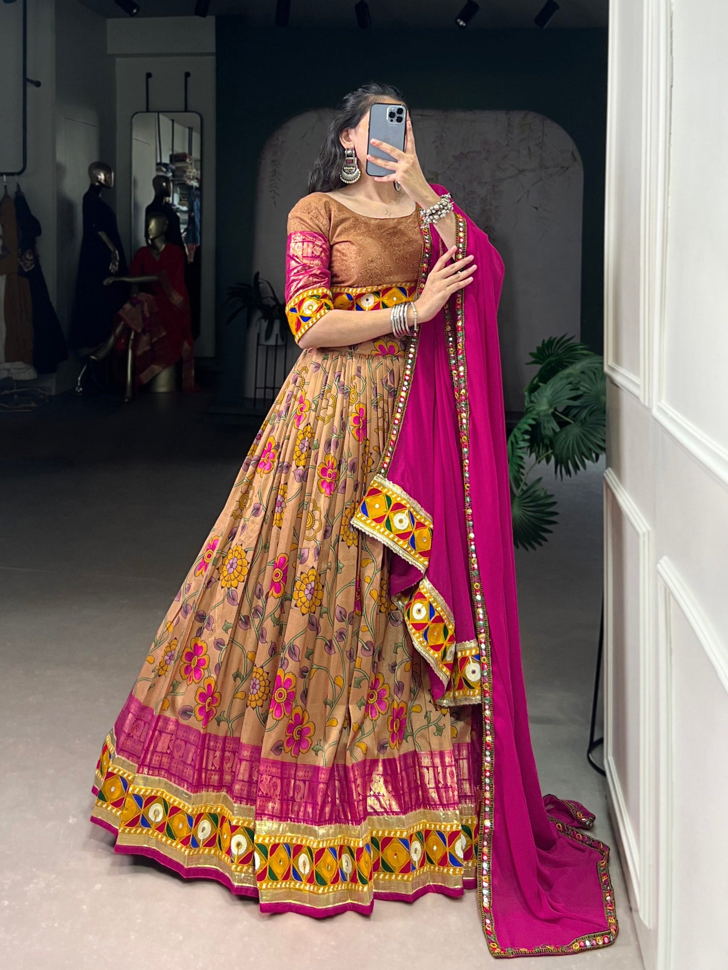 Lorenvalley Fashion Mustard Tasar Silk Print with Foil Work and Real Mirror Gamthi Work with Lace Touch Up Lehenga Choli with Dupatta | Swadesiicart