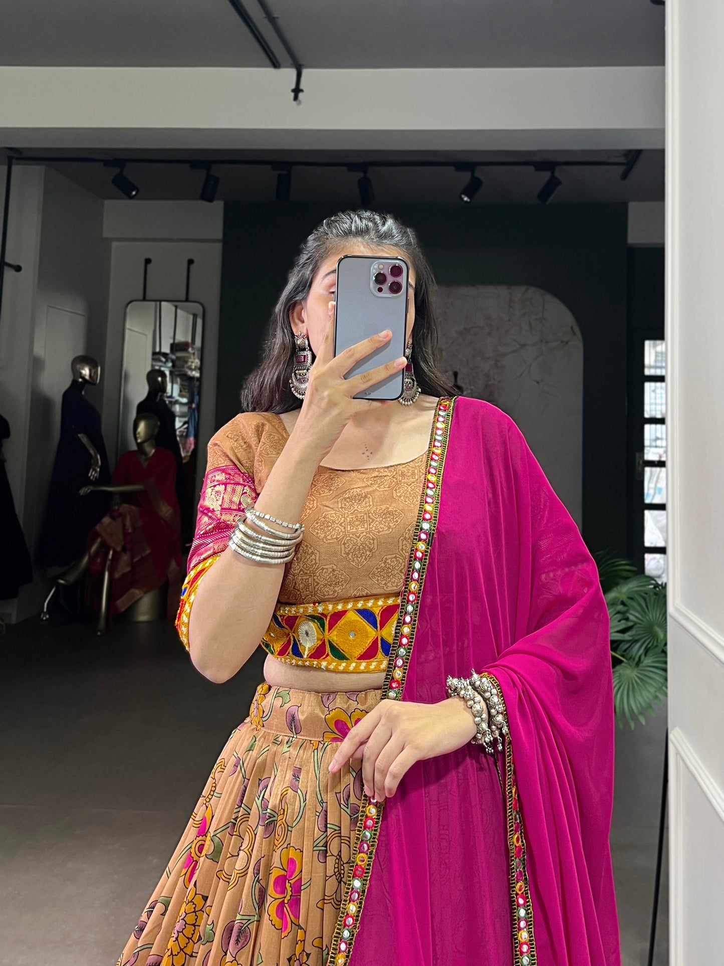 Lorenvalley Fashion Mustard Tasar Silk Print with Foil Work and Real Mirror Gamthi Work with Lace Touch Up Lehenga Choli with Dupatta | Swadesiicart