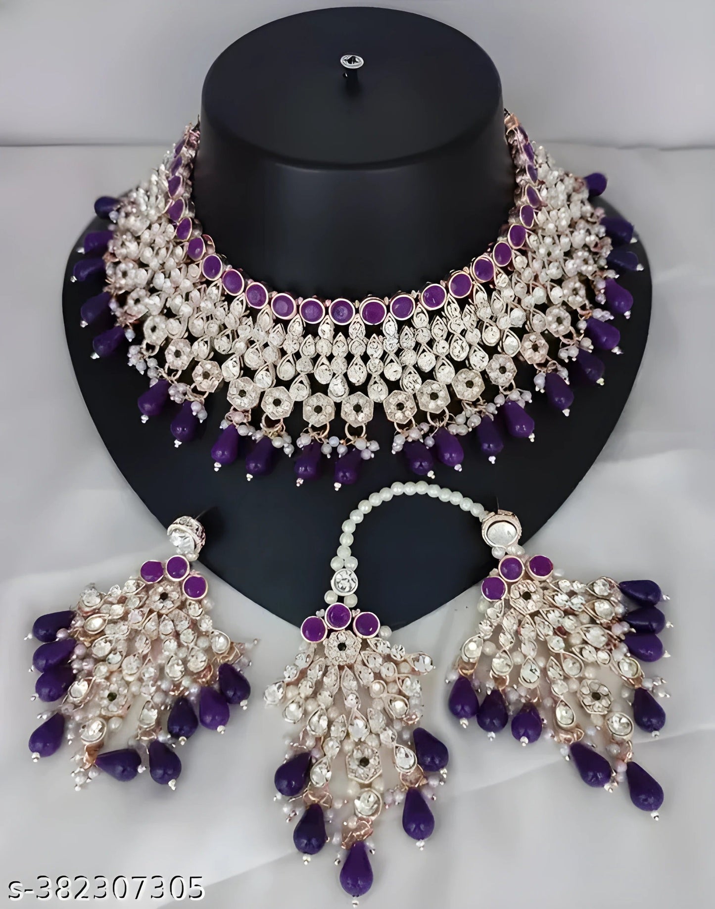 Jewel City Royal Purple Kundan & Pearl Bridal Jewelry Set-Luxury Choker Necklace Earrings & Maang Tikka-Ethnic Wedding & Party Wear | Swadesiicart