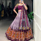 Lorenvalley Wine Tussar Silk Dot and Ikkat Print with Mirror Gamthi Work and Foil Work Lehenga Choli with Dupatta | Swadesiicart