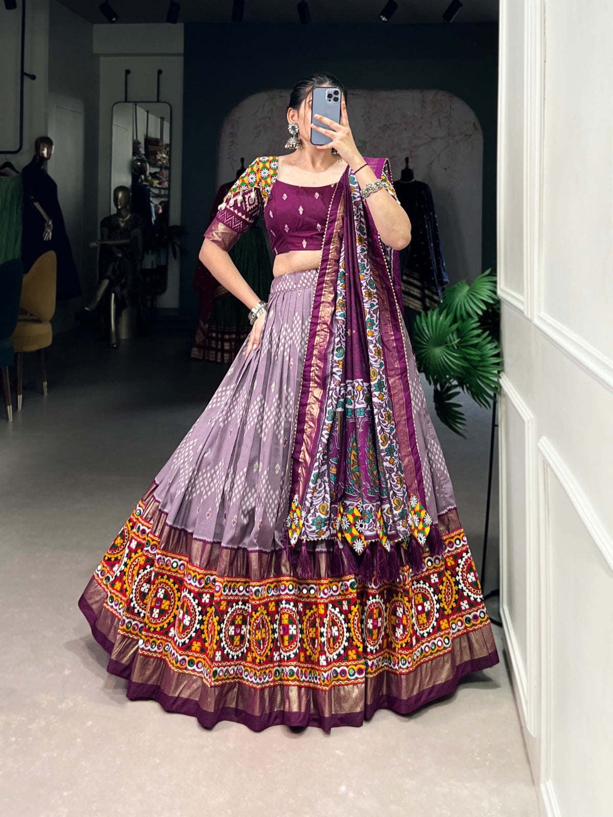 Lorenvalley Wine Tussar Silk Dot and Ikkat Print with Mirror Gamthi Work and Foil Work Lehenga Choli with Dupatta | Swadesiicart