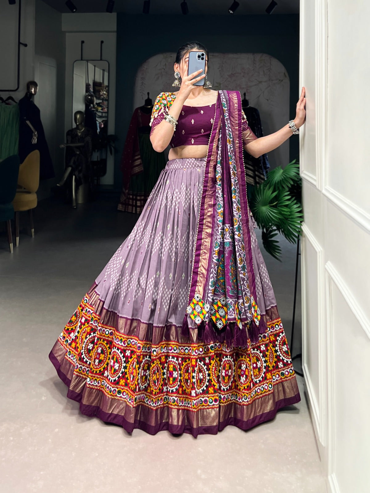 Lorenvalley Wine Tussar Silk Dot and Ikkat Print with Mirror Gamthi Work and Foil Work Lehenga Choli with Dupatta | Swadesiicart