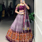 Lorenvalley Wine Tussar Silk Dot and Ikkat Print with Mirror Gamthi Work and Foil Work Lehenga Choli with Dupatta | Swadesiicart