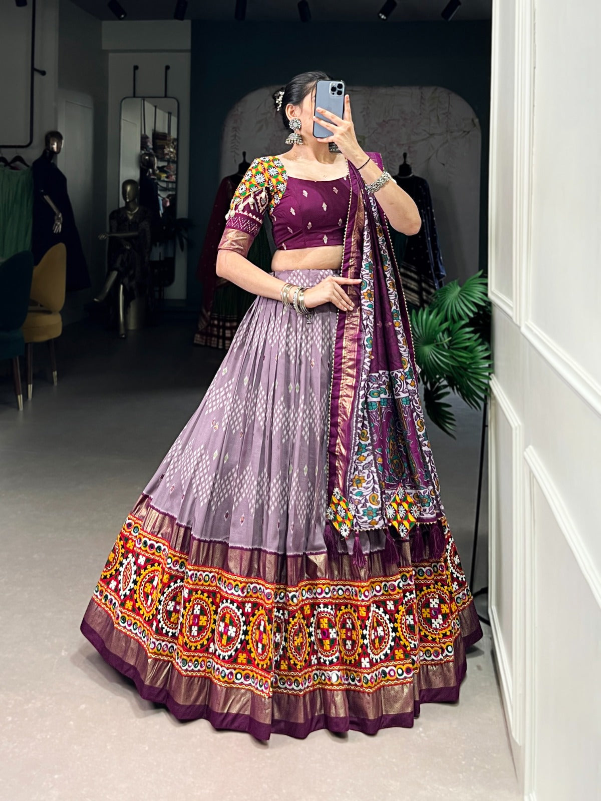 Lorenvalley Wine Tussar Silk Dot and Ikkat Print with Mirror Gamthi Work and Foil Work Lehenga Choli with Dupatta | Swadesiicart
